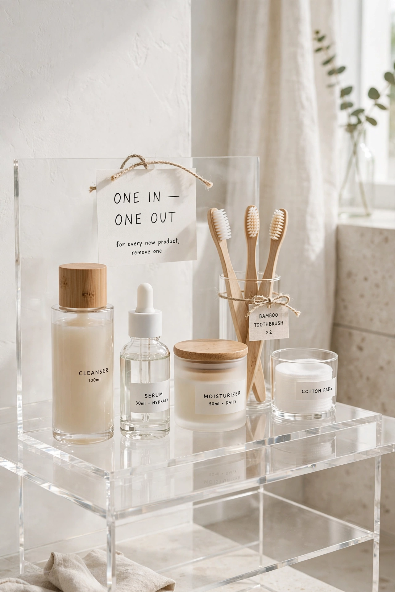 Minimal curated bathroom products on a clear vanity
