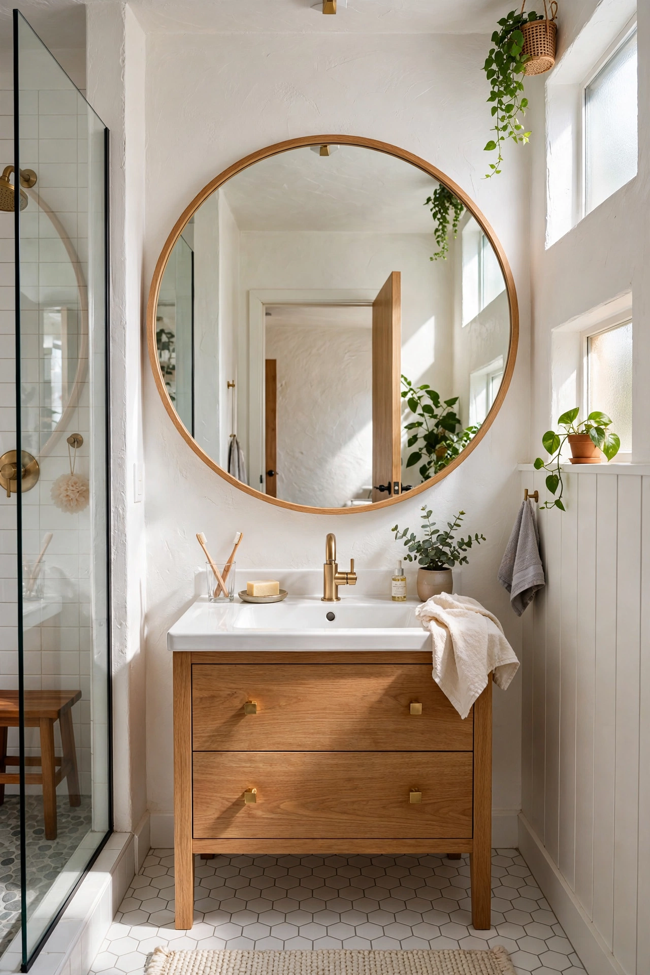 Small bathroom with oversized round mirror above the vanity