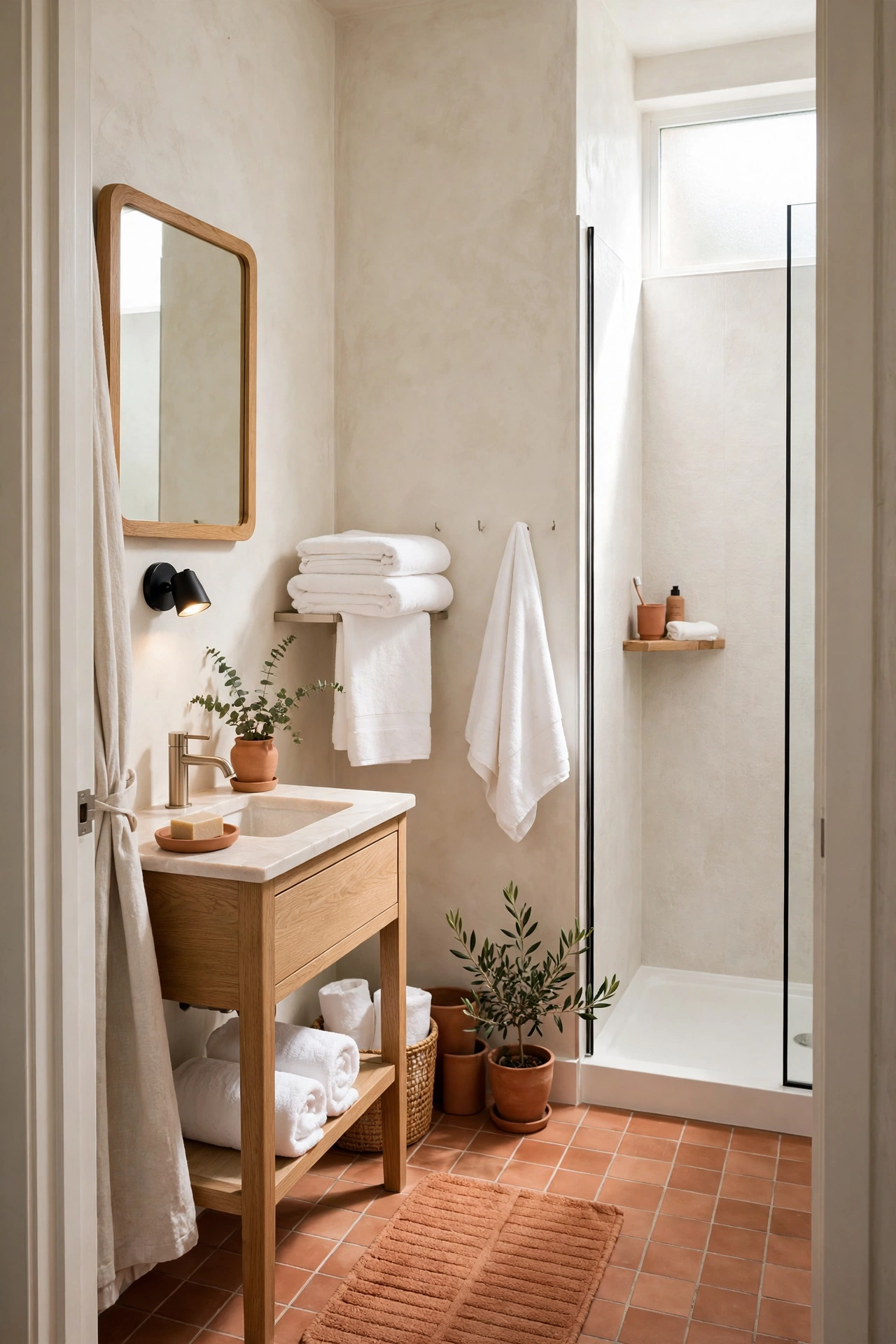 Small bathroom in light neutral palette with terracotta accent