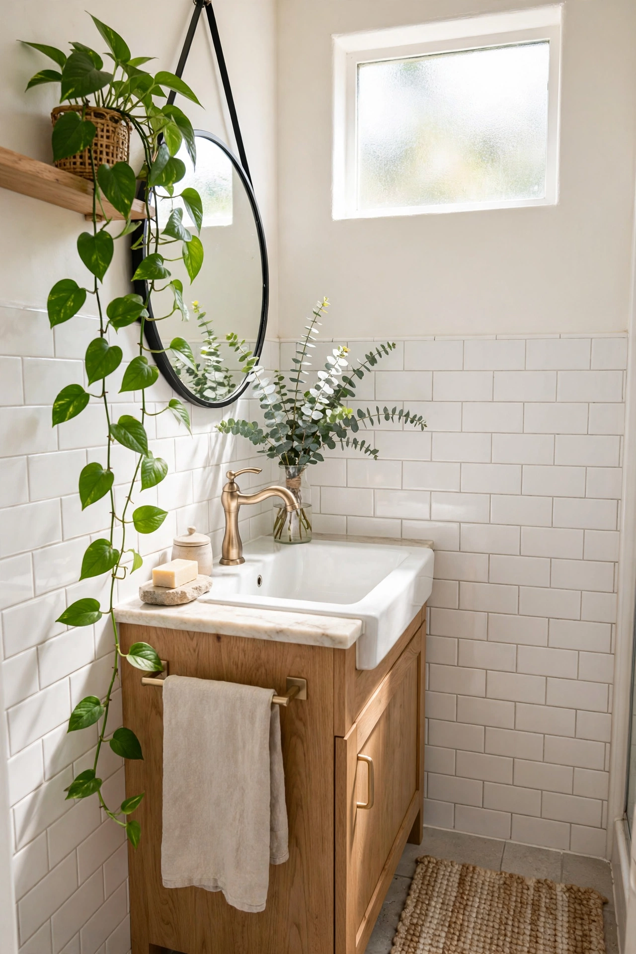 Small bathroom with pothos plant and eucalyptus by the sink