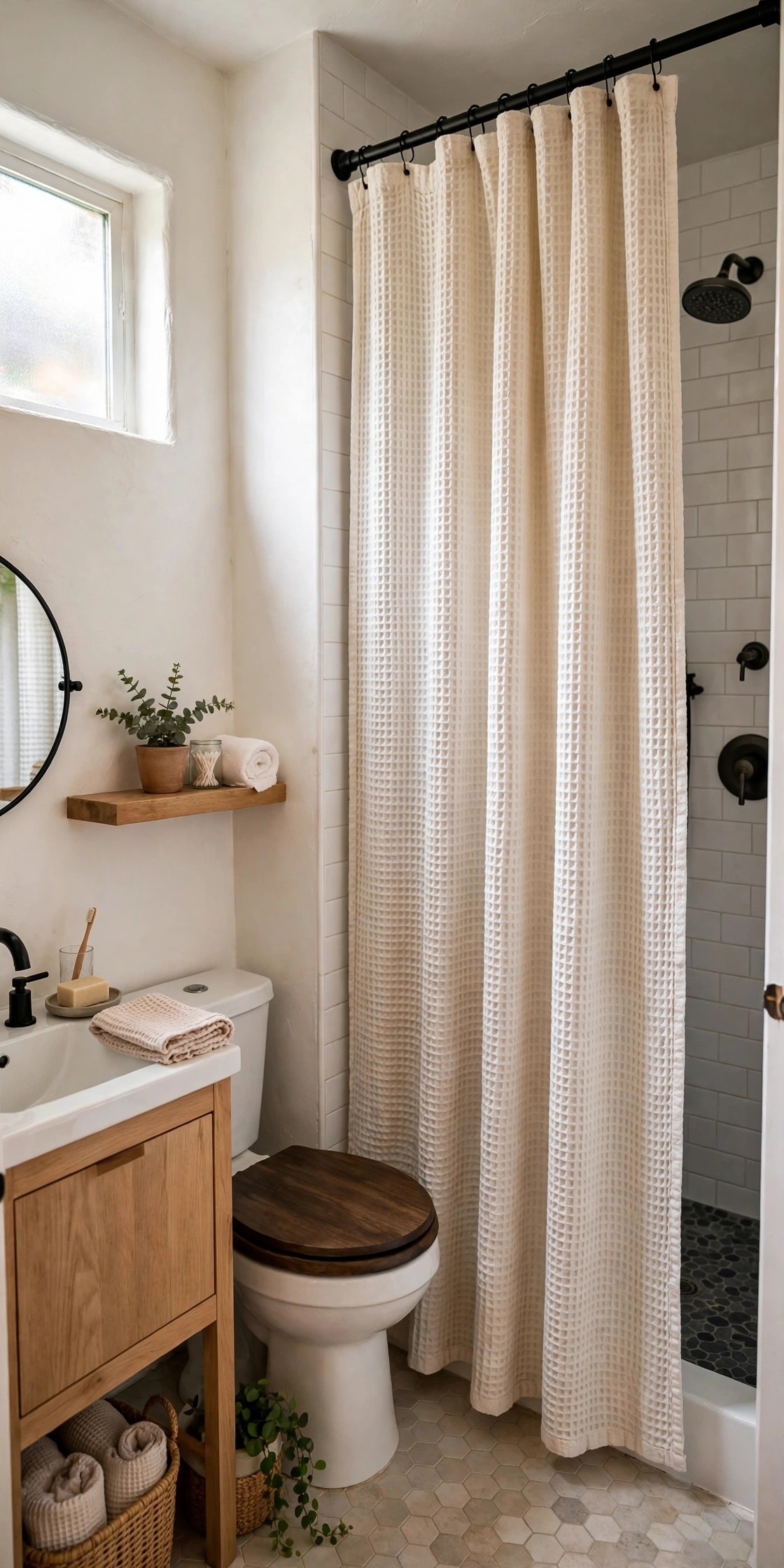Small bathroom with waffle weave fabric shower curtain