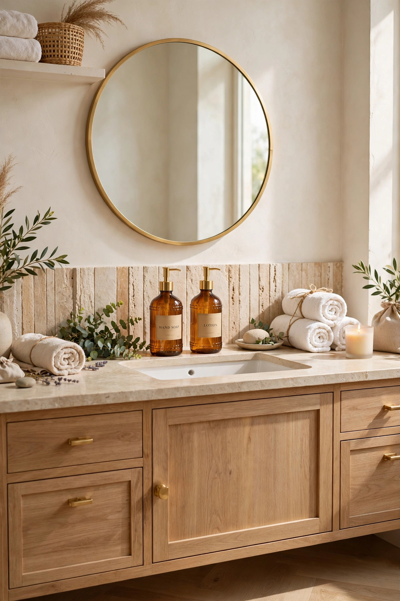 Bathroom vanity with matching amber glass soap dispensers