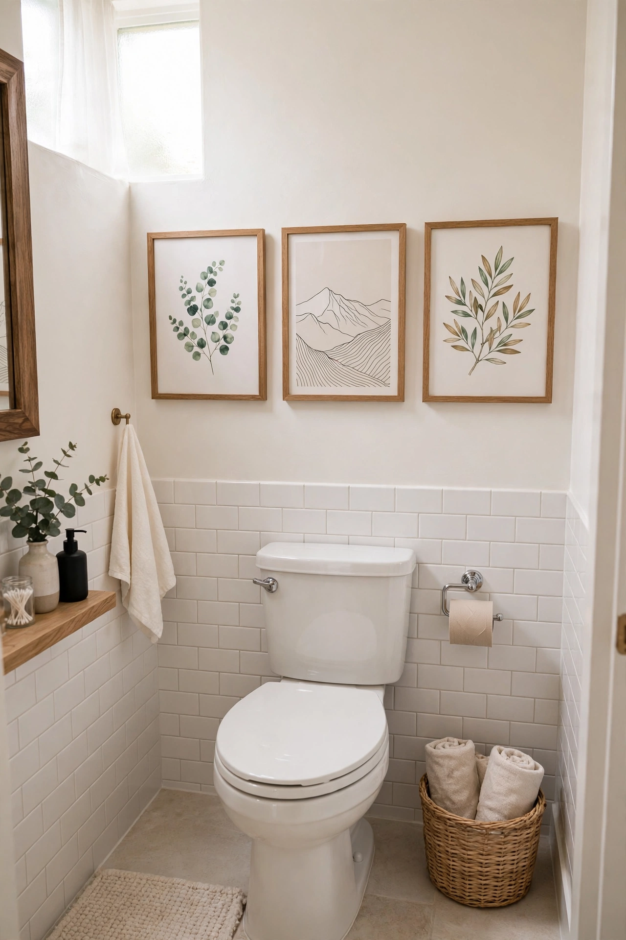 Small bathroom with framed art prints above the toilet
