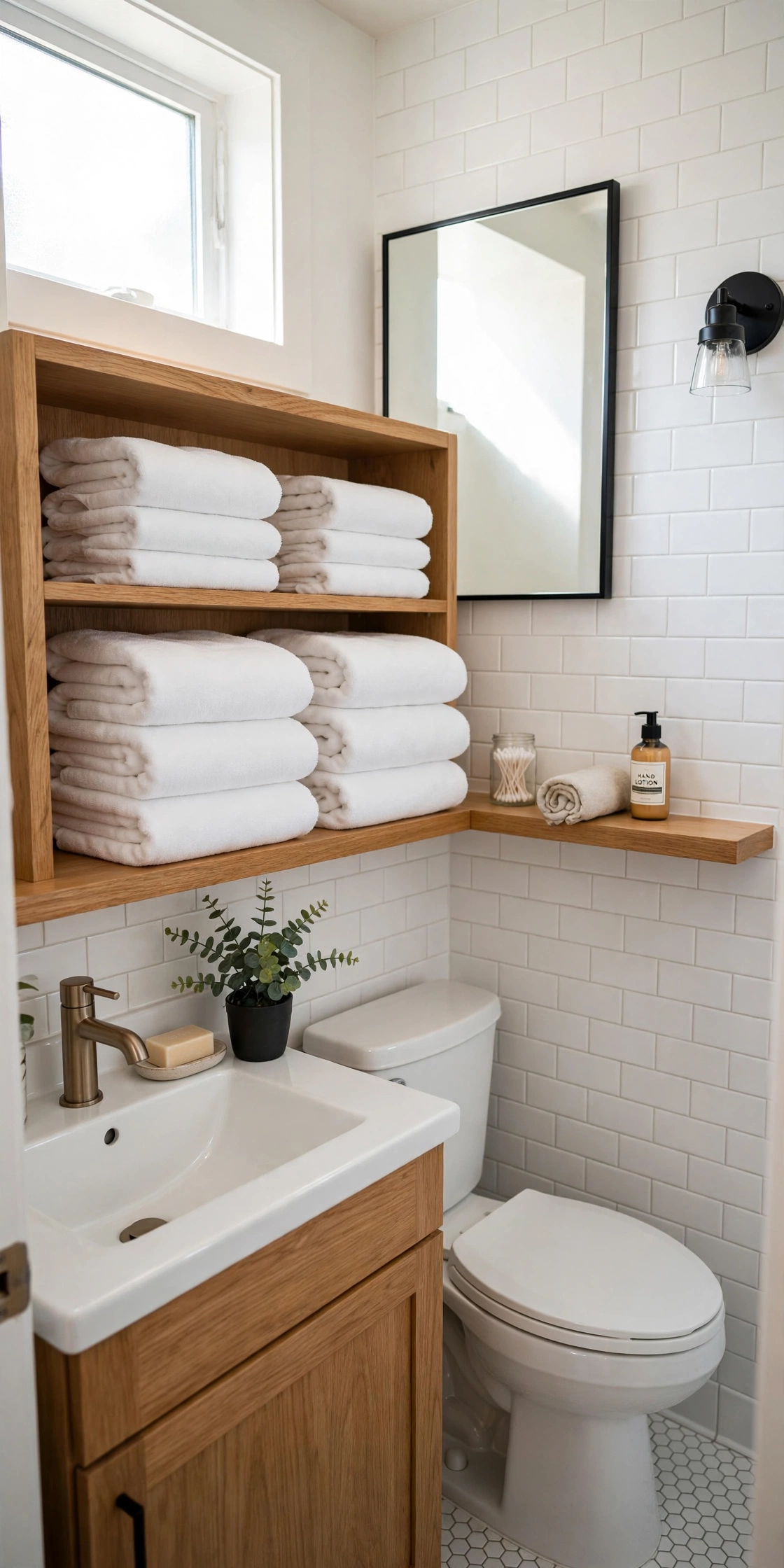 Small bathroom with hotel-style stacked matching towels
