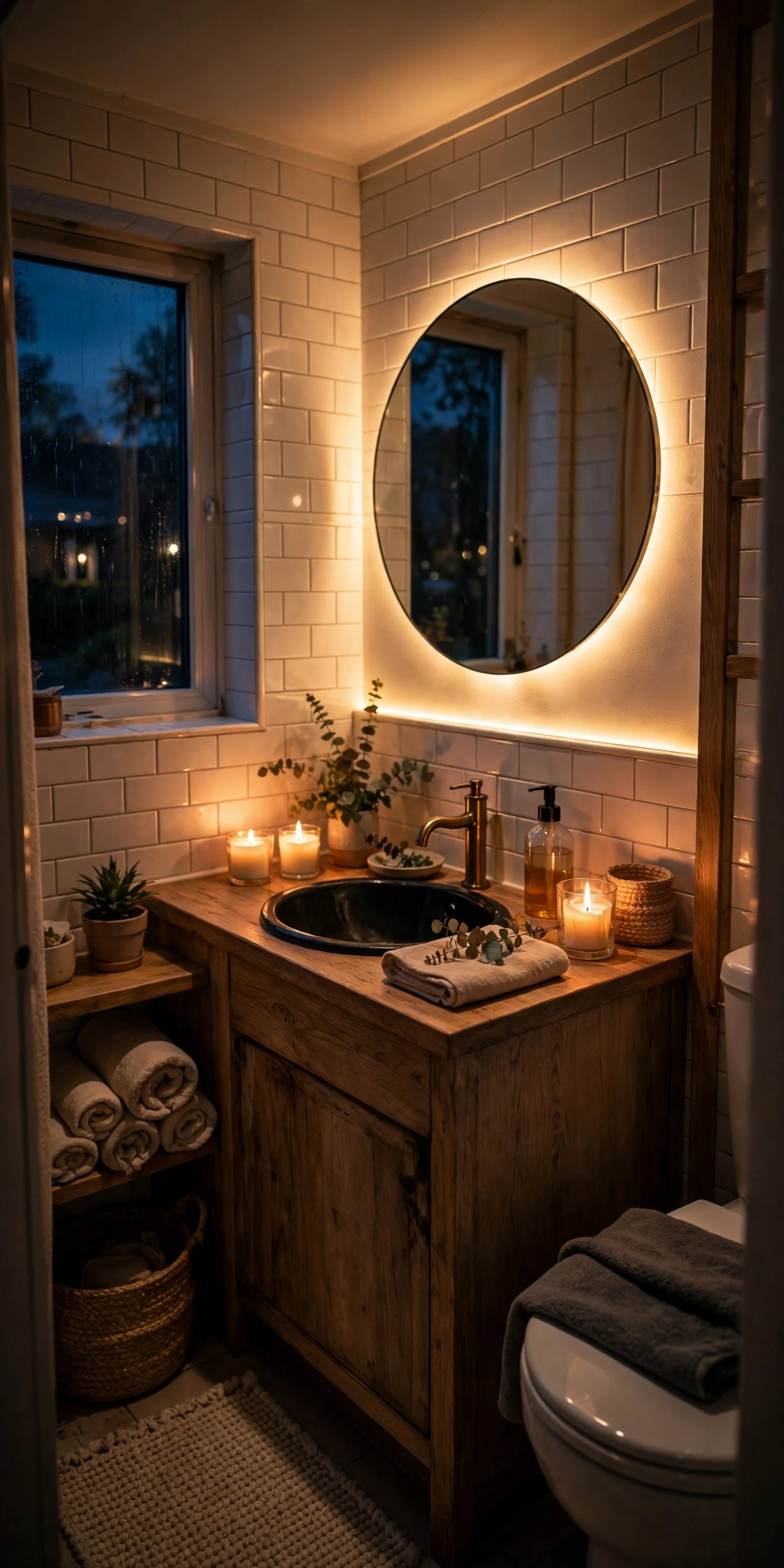 Small bathroom with warm lighting and candle glow