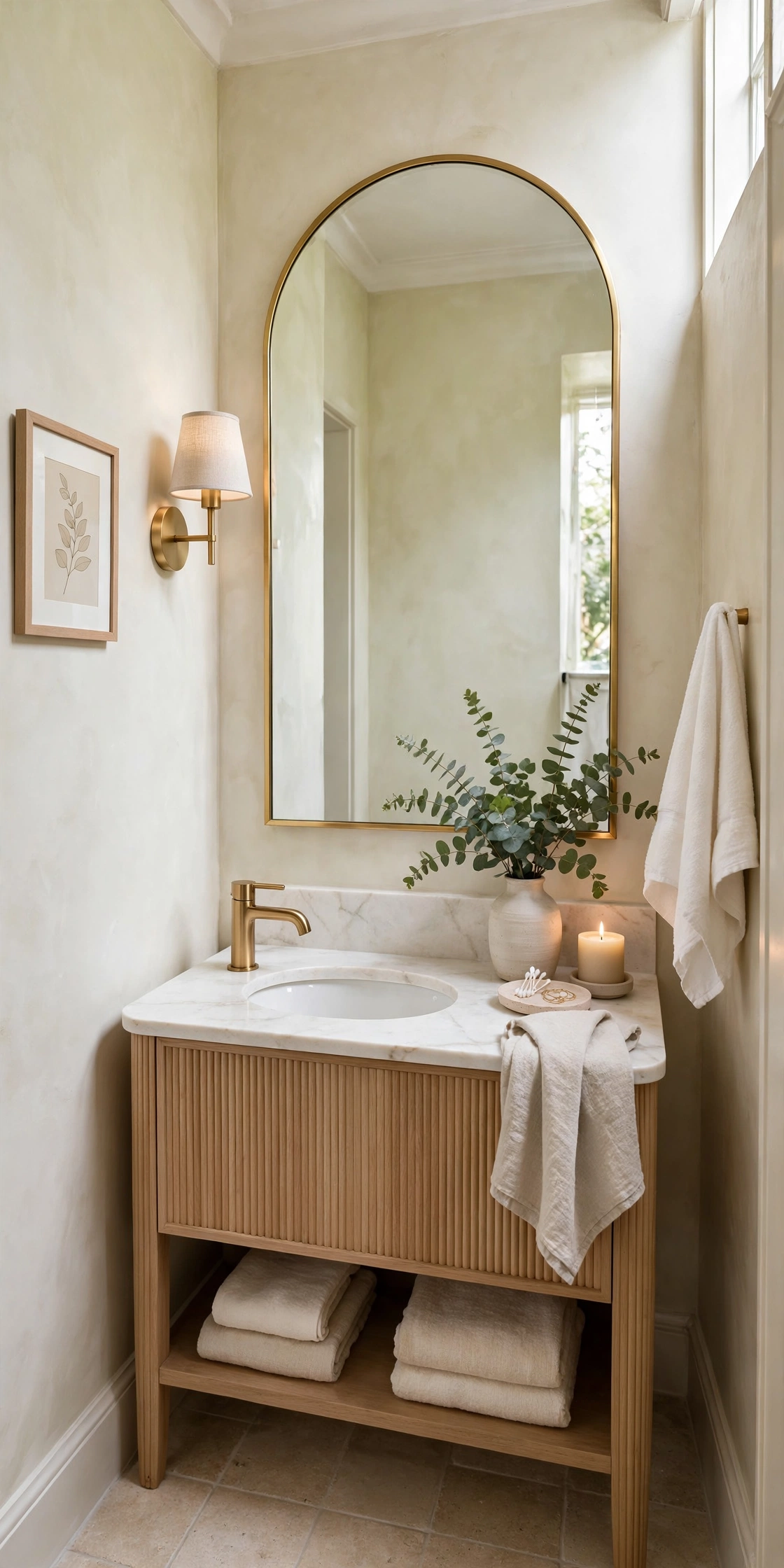 Beautiful small bathroom with large mirror and light neutral palette