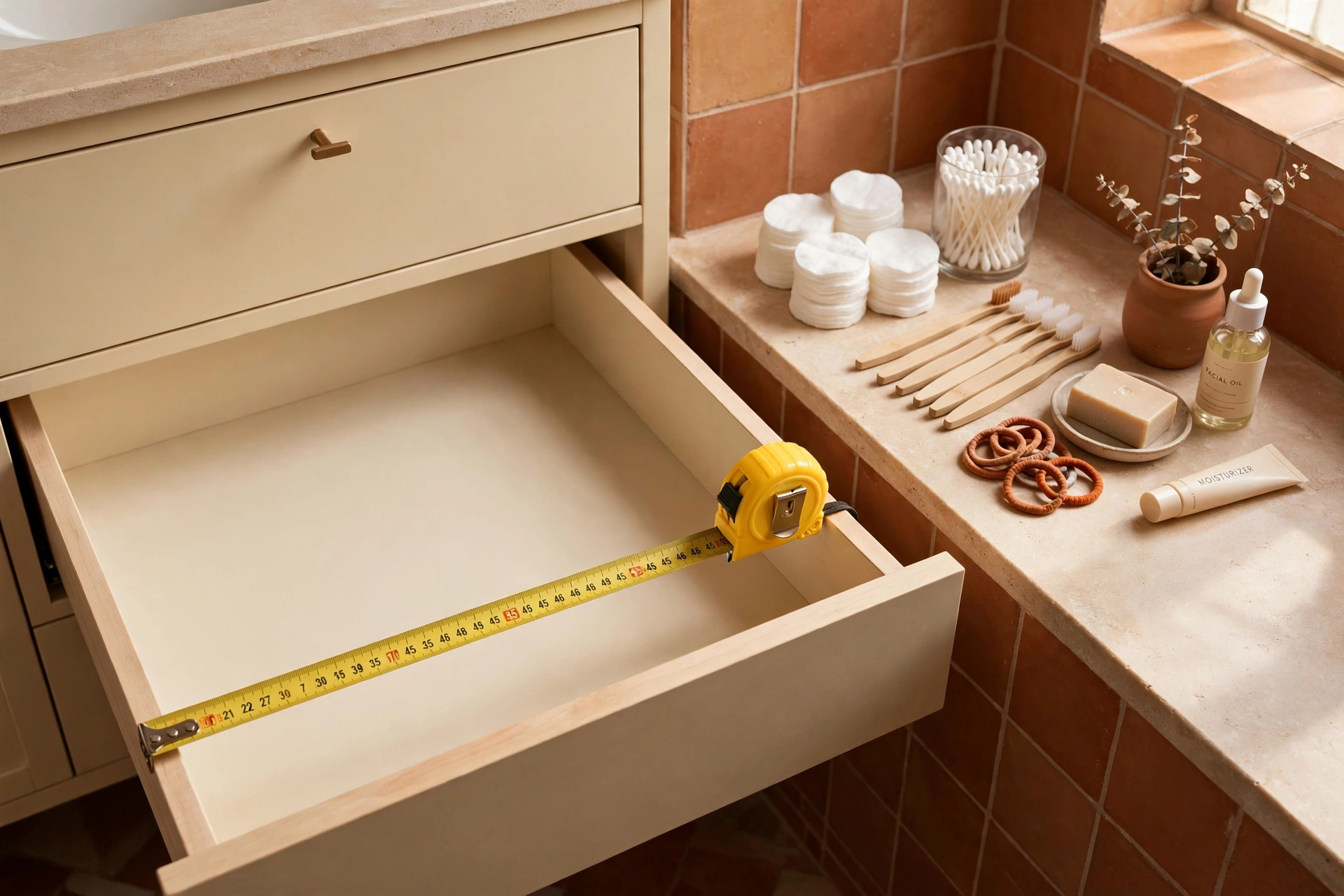 Bathroom drawer emptied and measured before organising