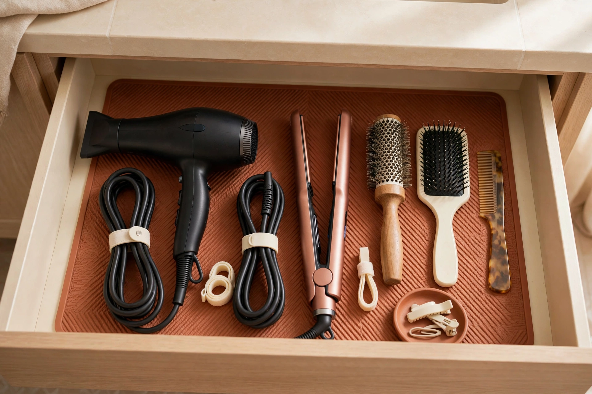 Hair tools stored on a heat-resistant mat inside a bathroom drawer