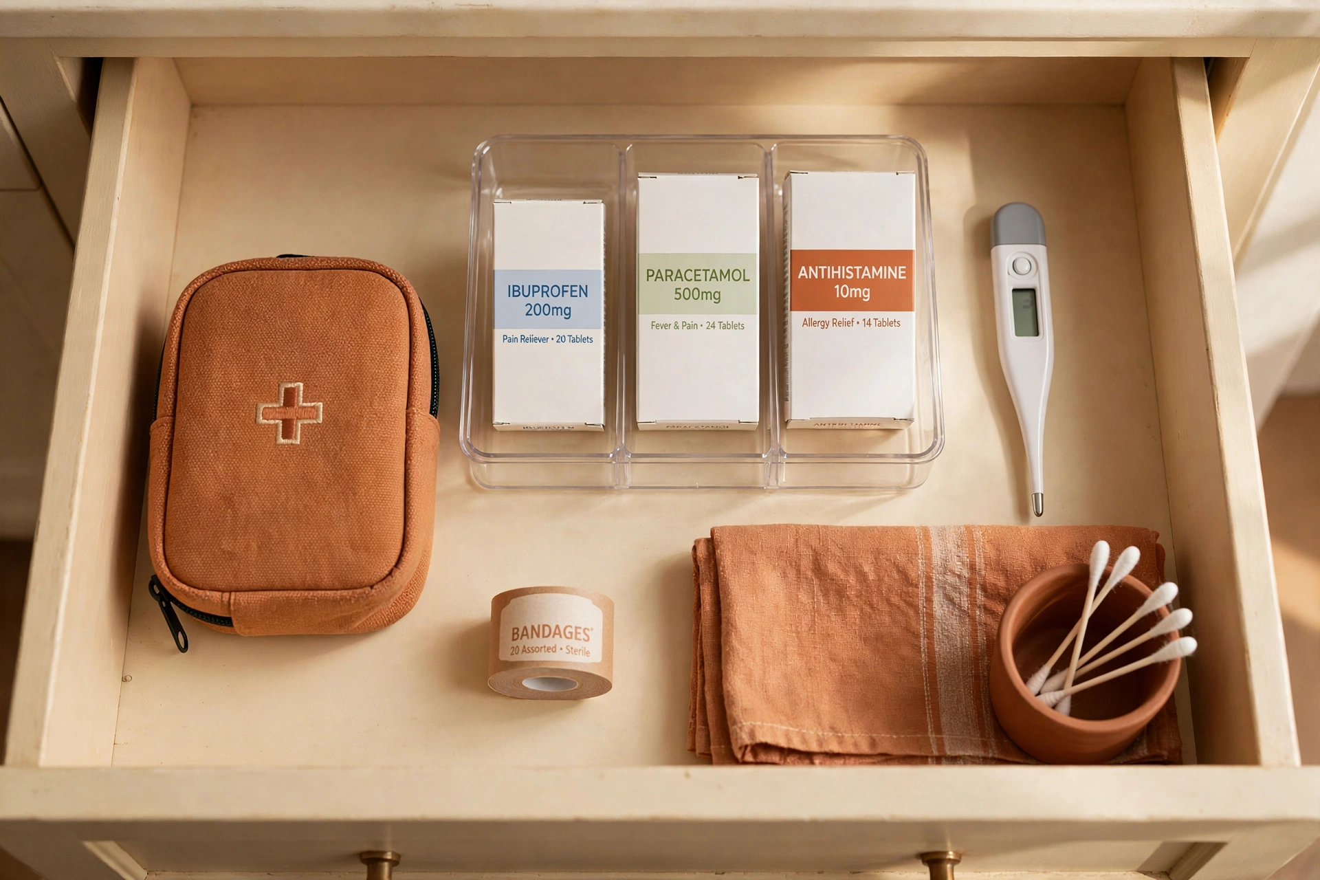 Medicines and first aid sorted upright in a bathroom drawer