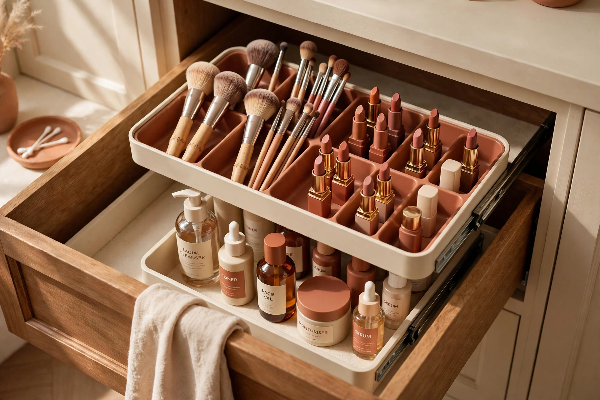 Two-tier sliding tray inside a deep bathroom drawer