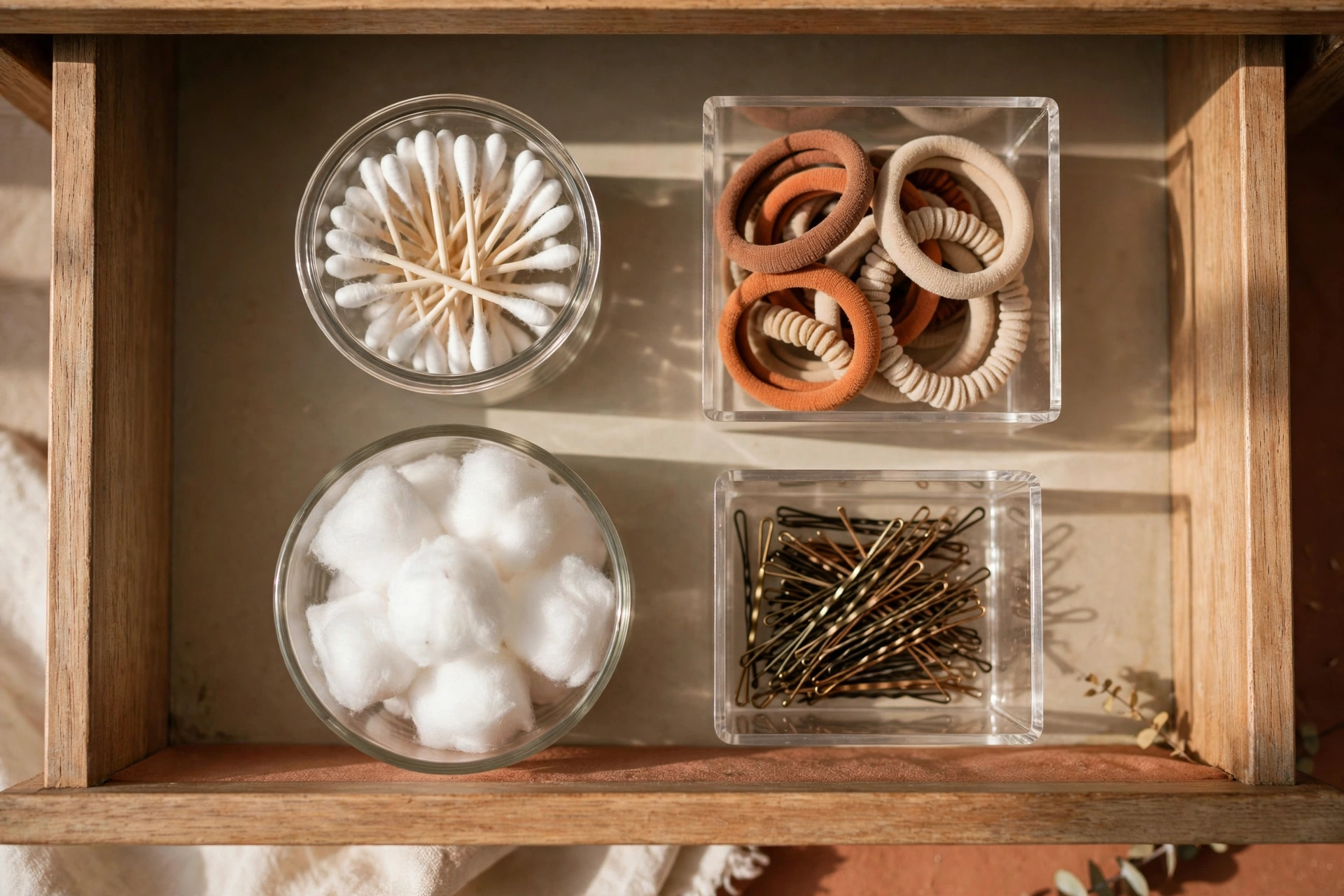 Small clear containers holding cotton buds and hair ties in a bathroom drawer