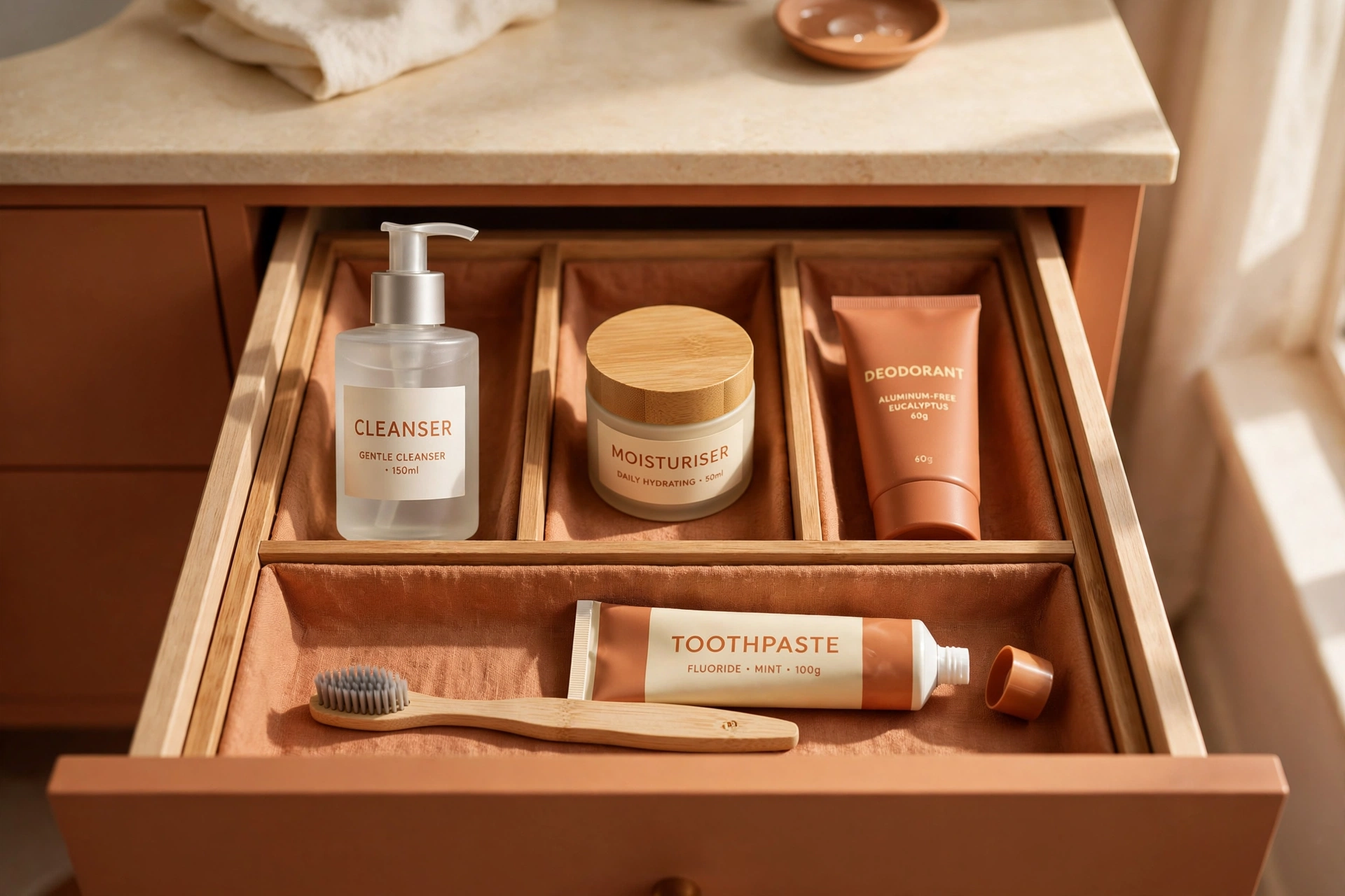Bathroom drawer zoned in morning routine order