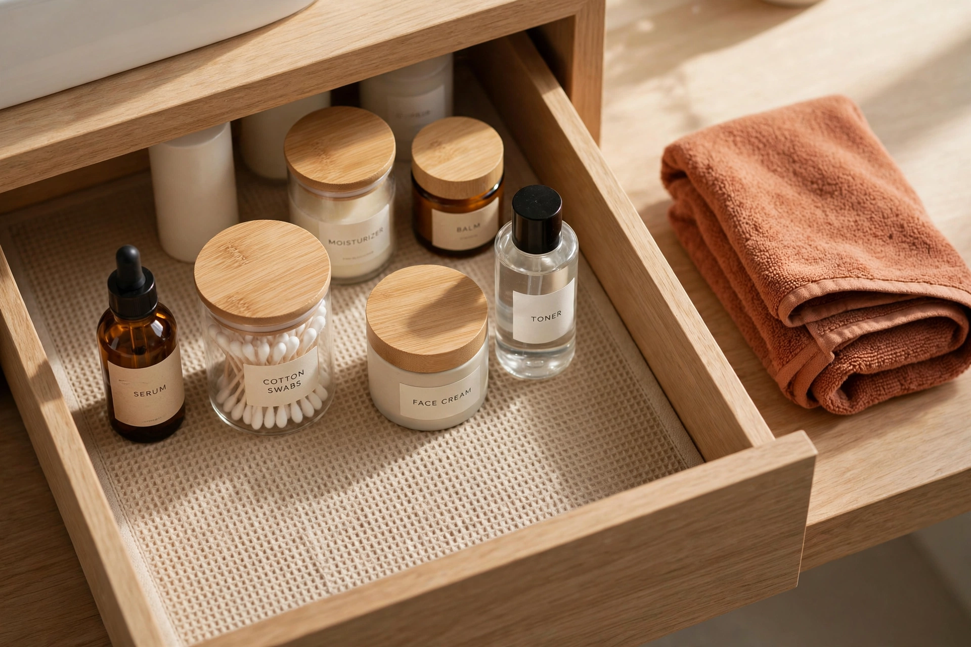 Non-slip liner inside a bathroom drawer with bottles standing neatly