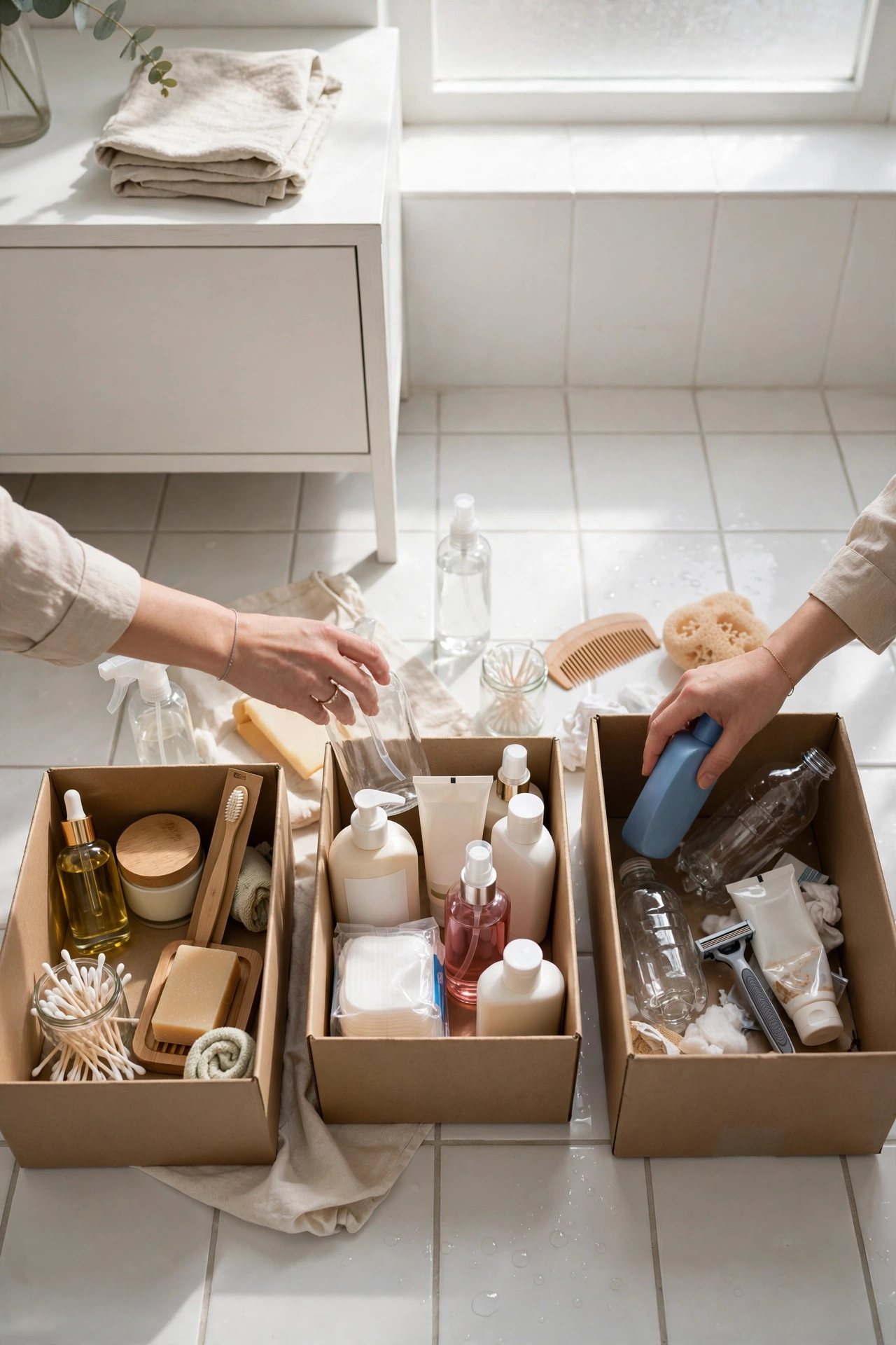Decluttering an under-sink bathroom cabinet by sorting toiletries into boxes