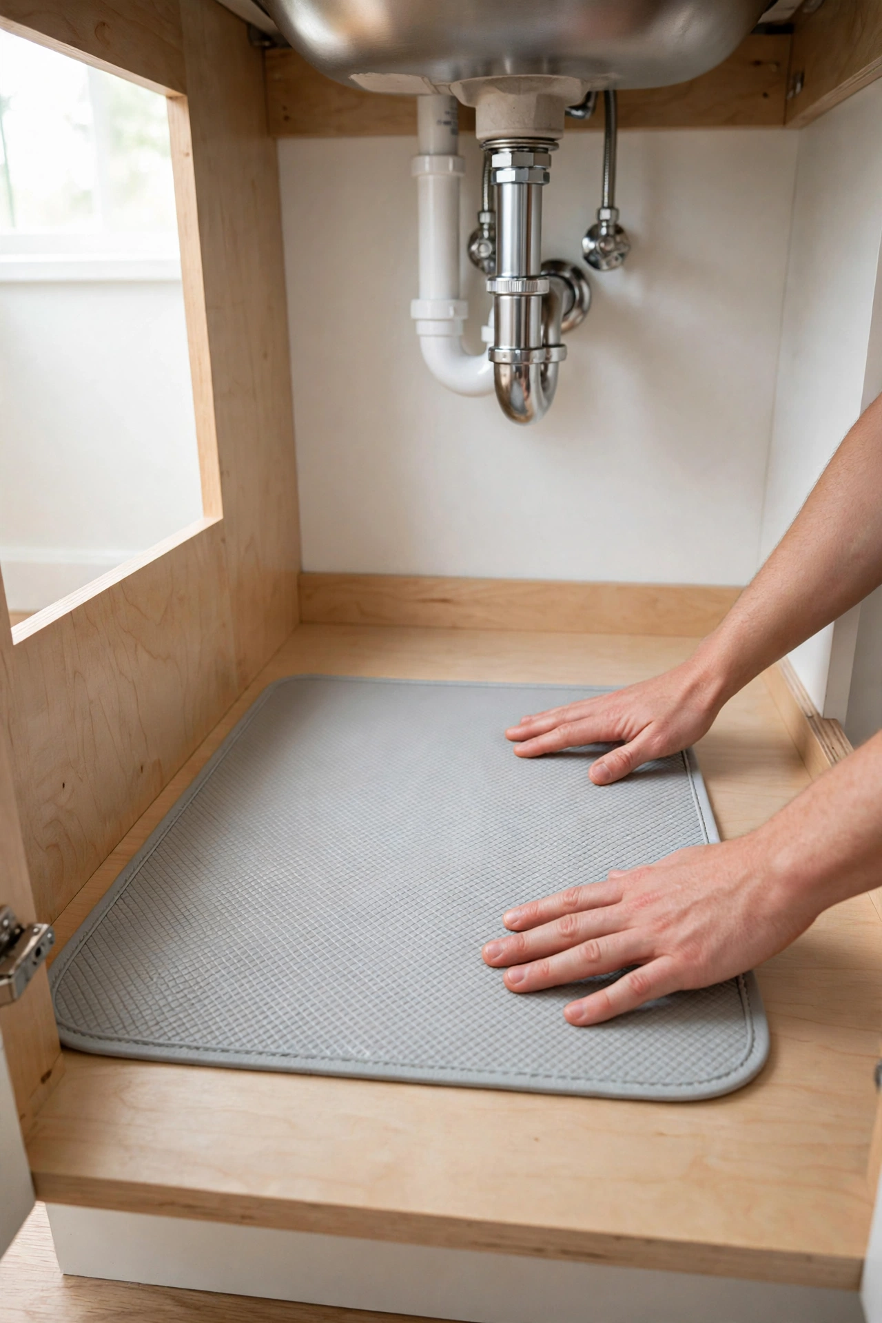 Waterproof liner being placed in an under-sink bathroom cabinet