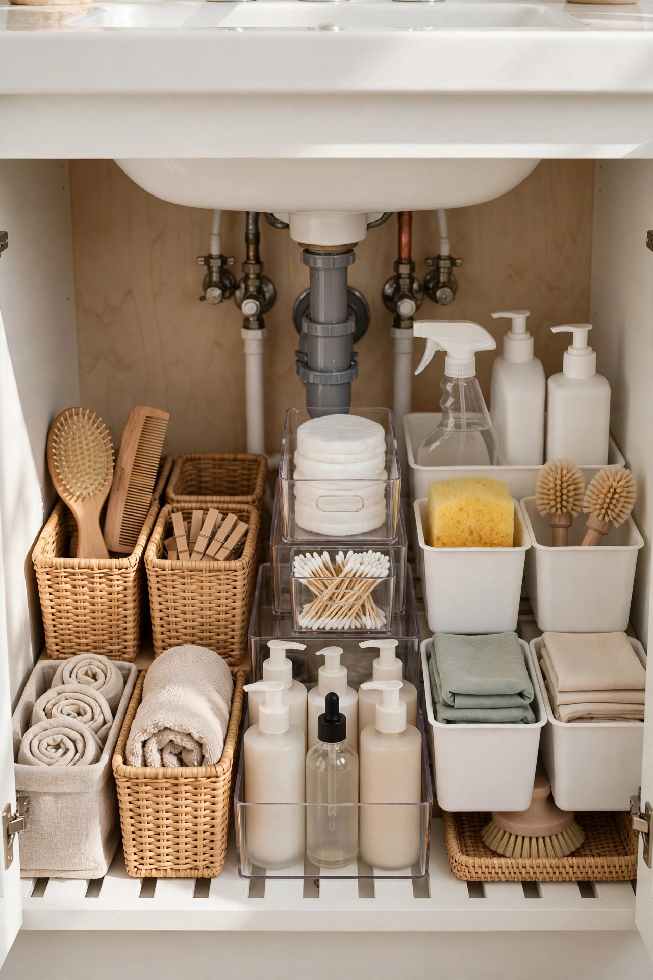 Under-sink cabinet organised into labelled category zones