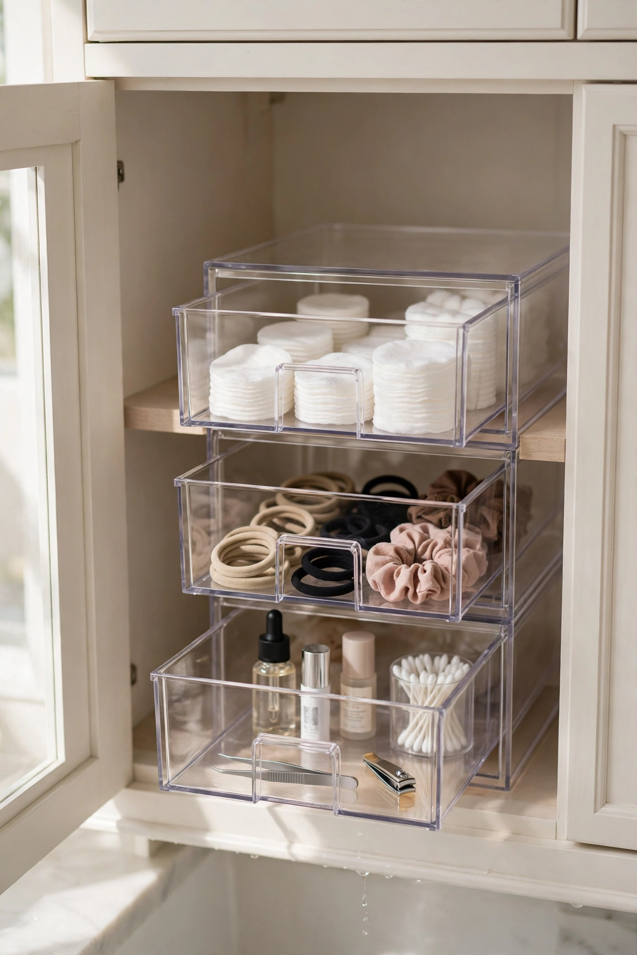 Stackable drawers for small toiletries inside a bathroom cabinet