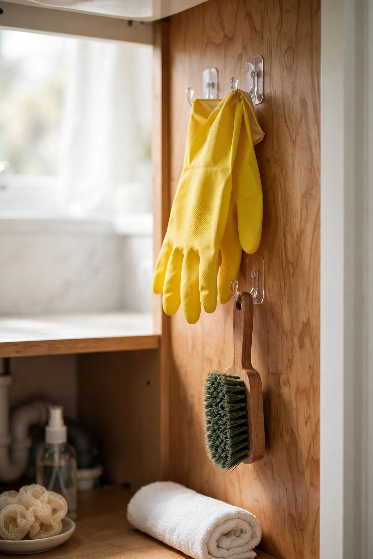 Adhesive hooks holding cleaning tools inside an under-sink cabinet