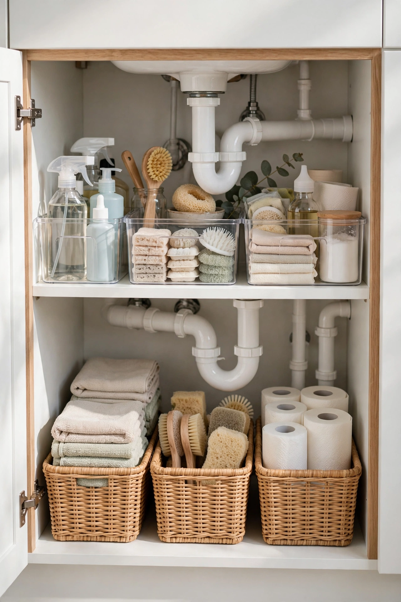 Tidy organised under-sink bathroom cabinet after monthly reset