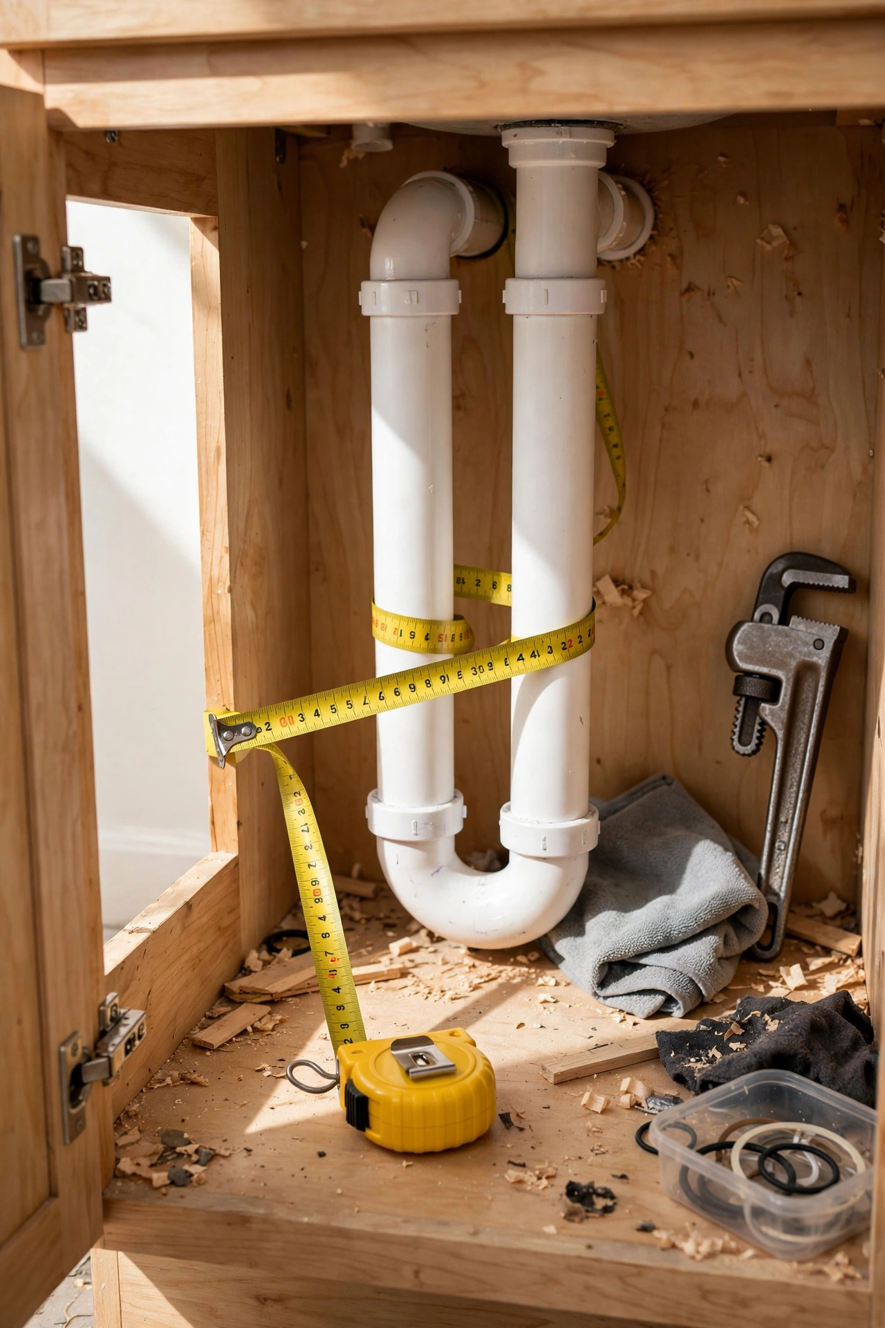 Measuring inside an under-sink bathroom cabinet around the pipes