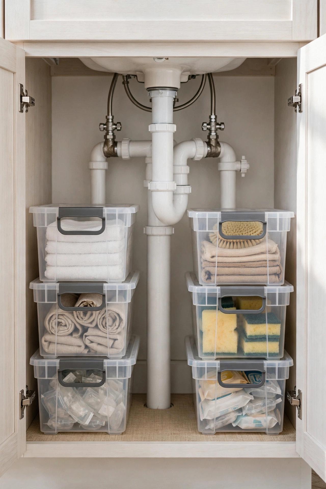 Stackable bins placed on both sides of pipes in an under-sink cabinet