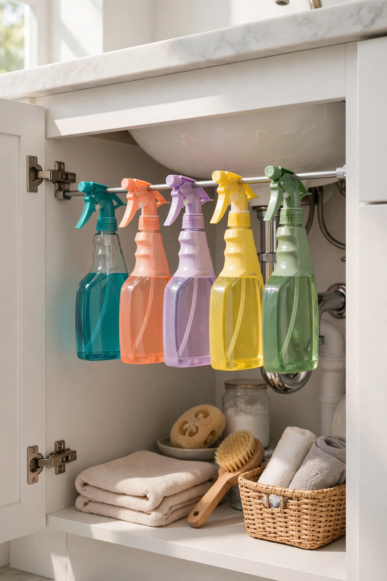 Tension rod with spray bottles hanging inside an under-sink bathroom cabinet