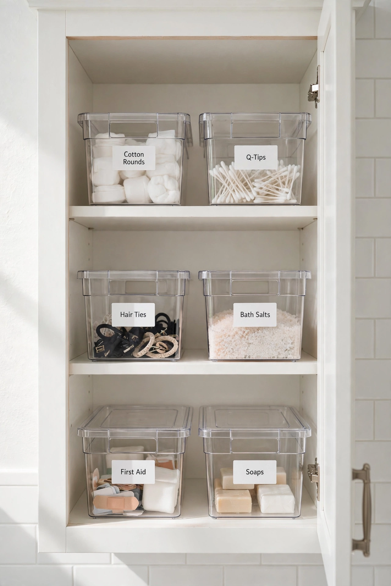 Clear labelled bins organising an under-sink bathroom cabinet