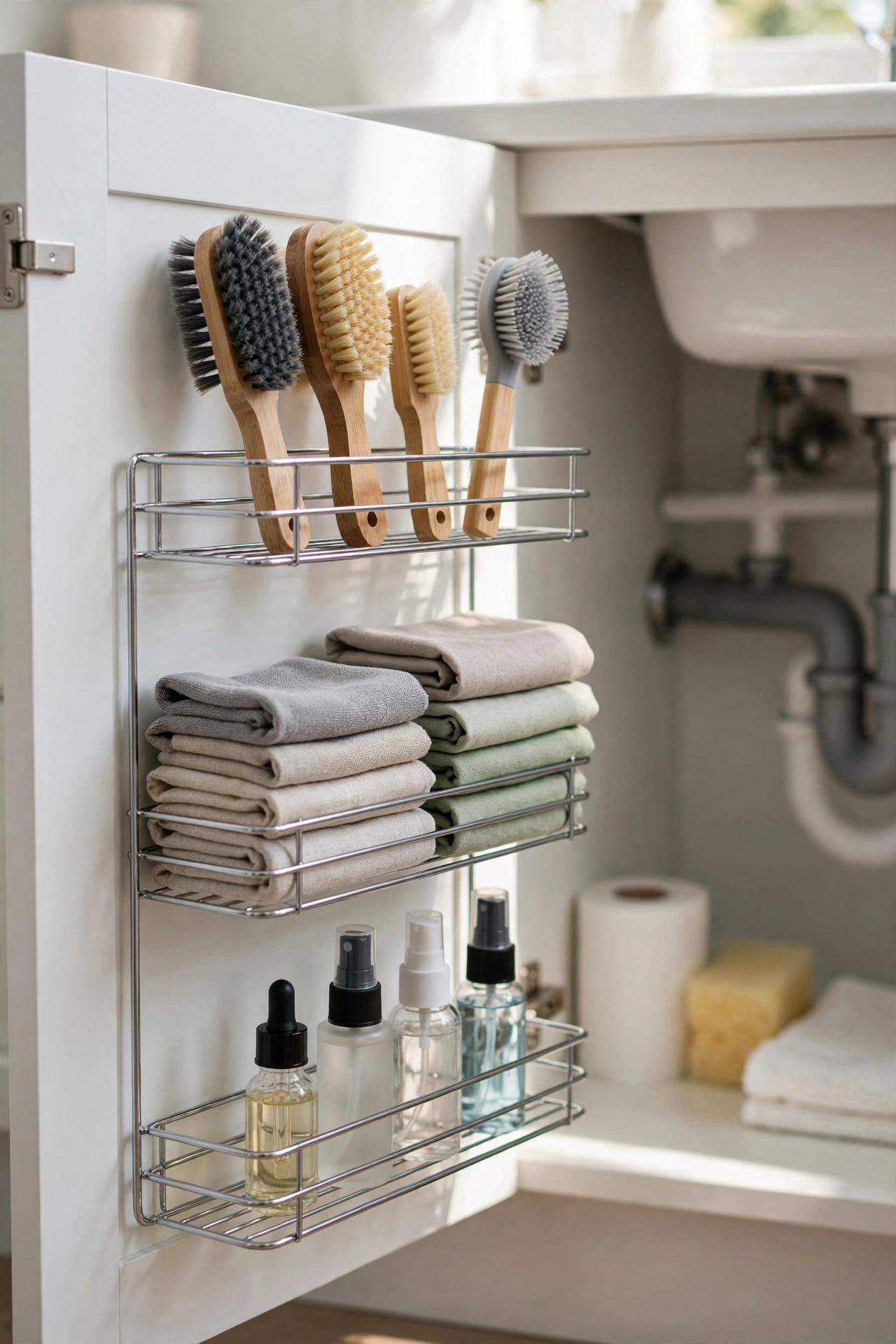 Wire racks mounted inside an under-sink cabinet door