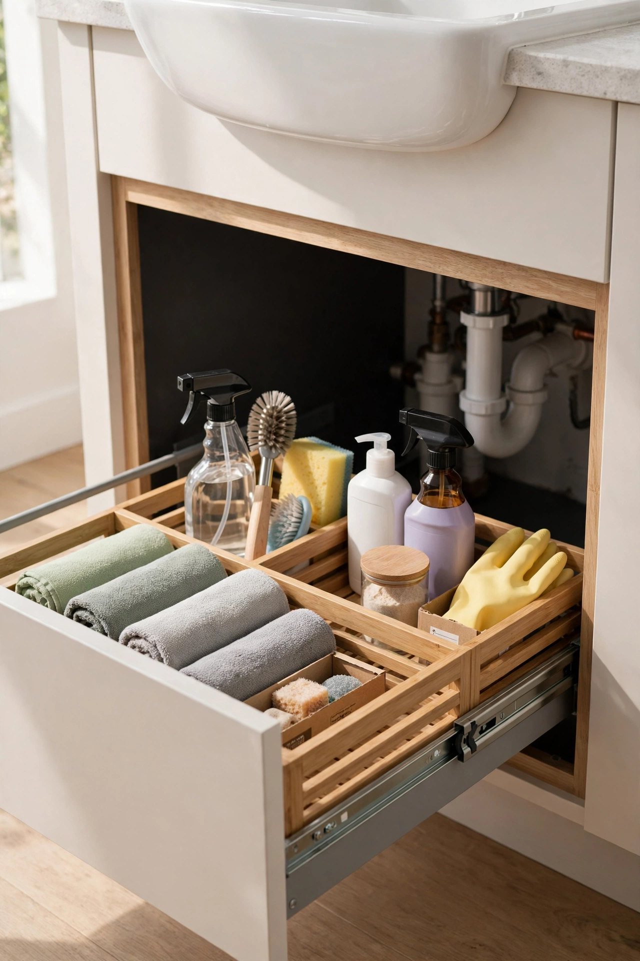 Pull-out caddy sliding out of a deep under-sink bathroom cabinet