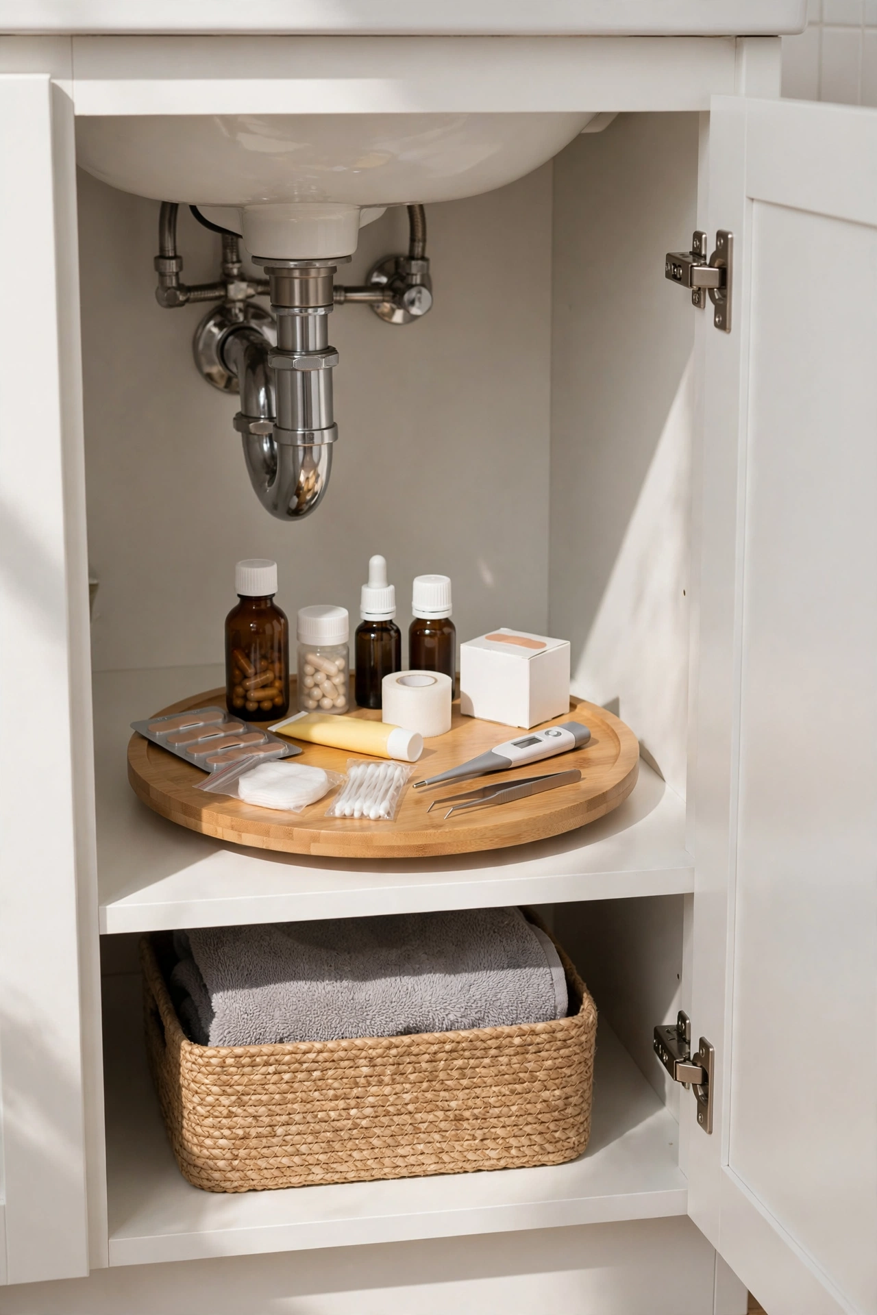 Lazy Susan turntable organising medicines in an under-sink cabinet