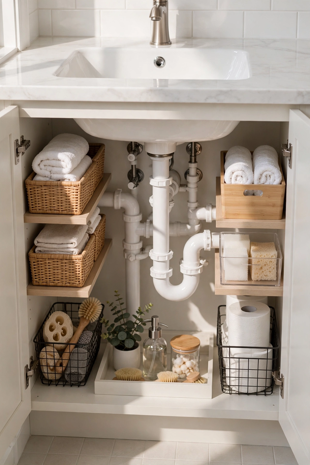 Beautifully organised under-sink bathroom cabinet with neat bins around pipes