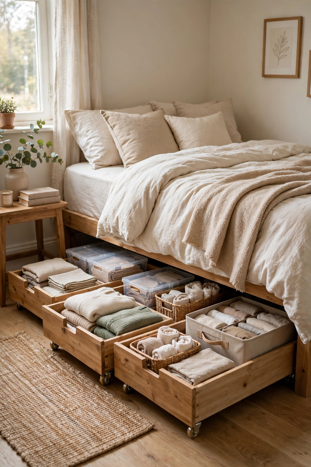 Rolling storage drawers and boxes under a bed in a small bedroom