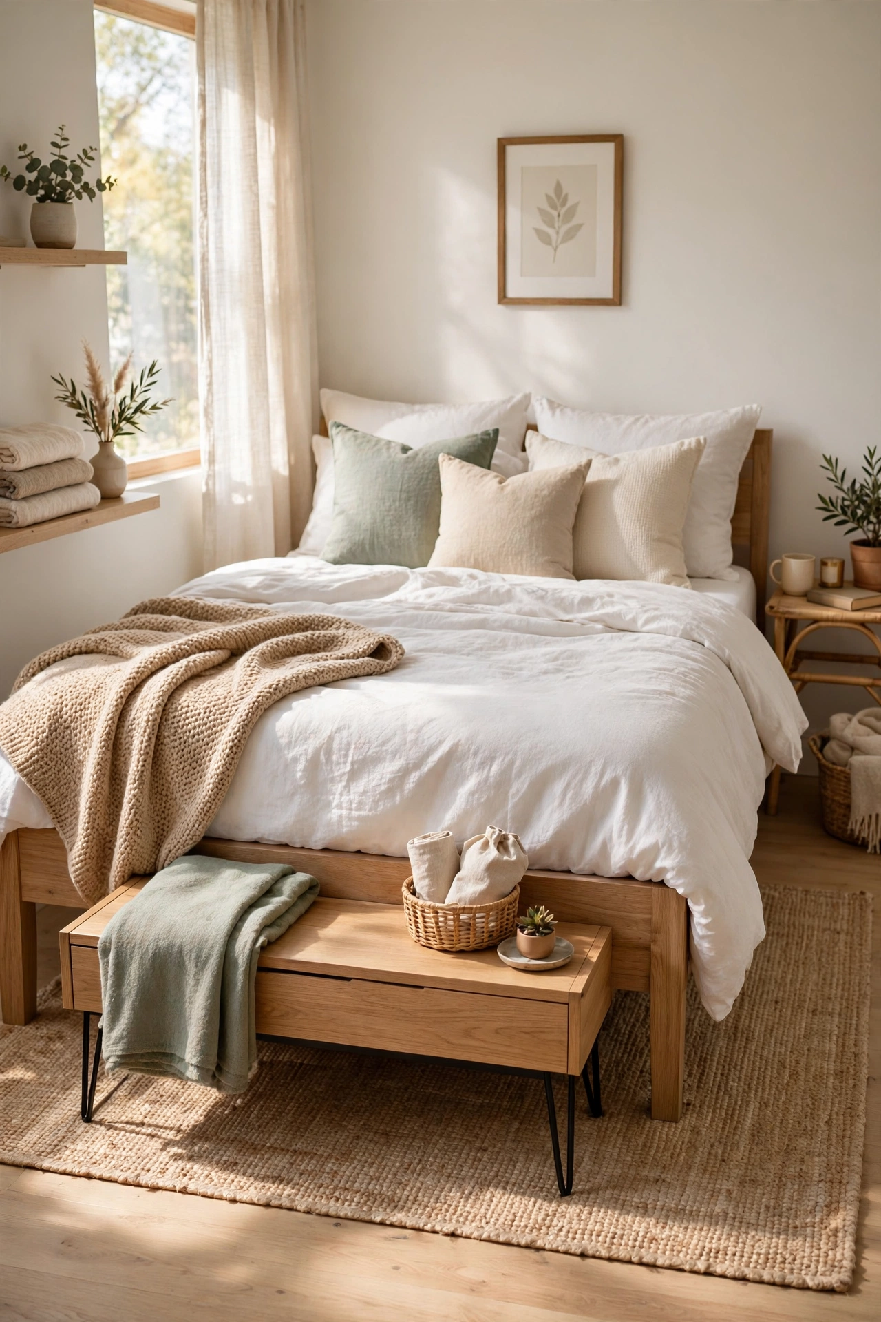 Storage bench at the foot of a bed in a small bedroom