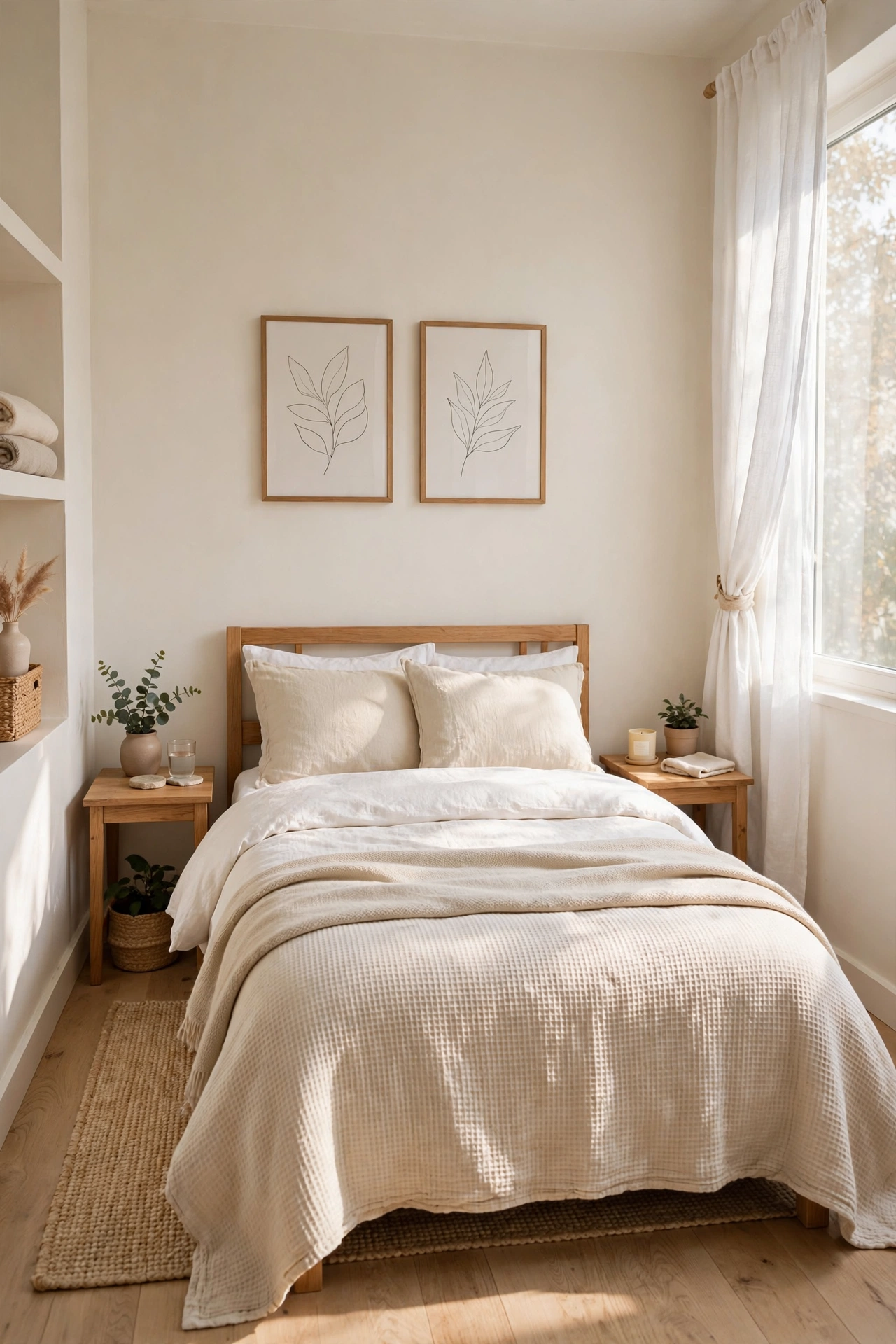 Small bedroom after a nightly reset with bed made and surfaces clear