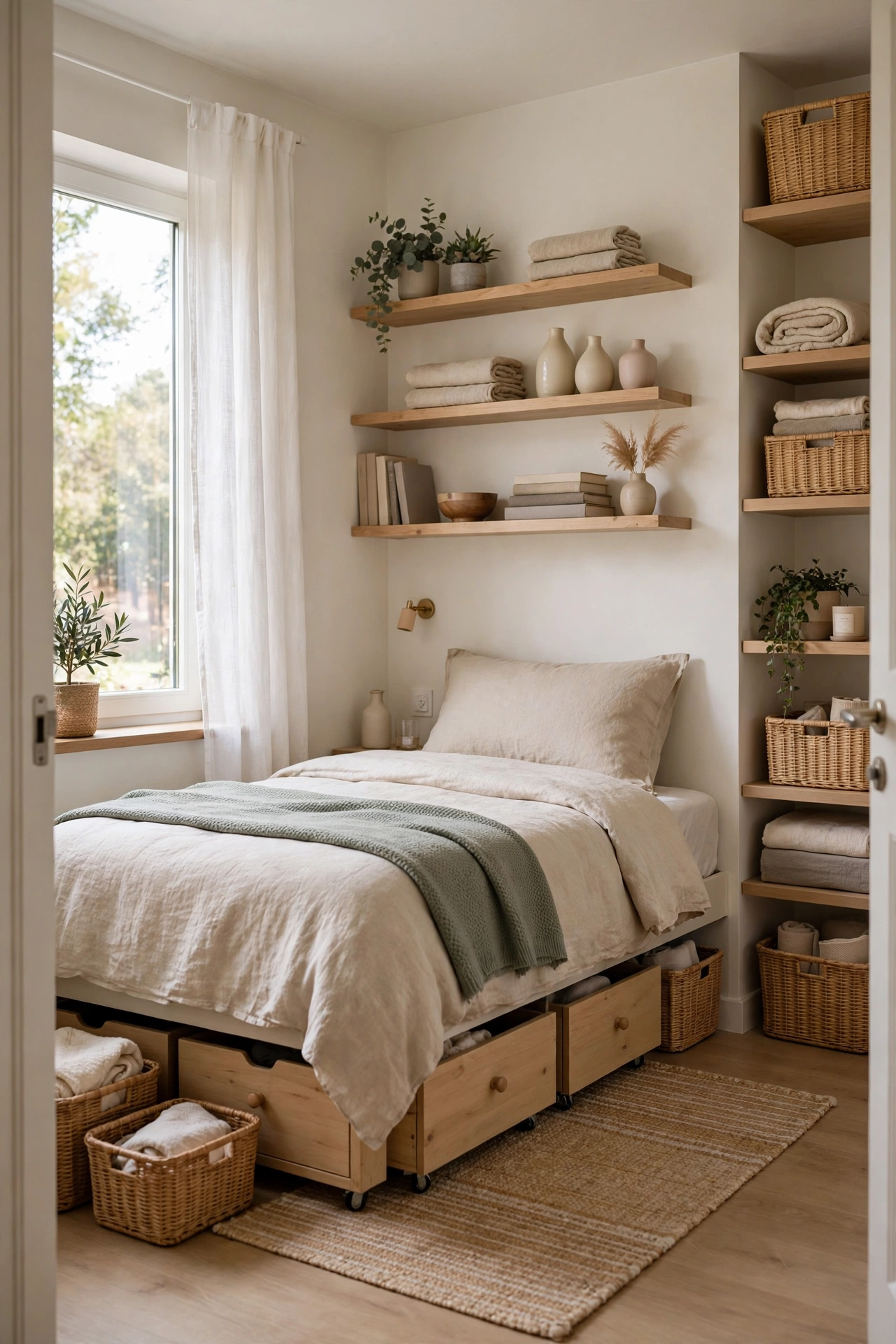 Beautifully organised small bedroom that feels spacious