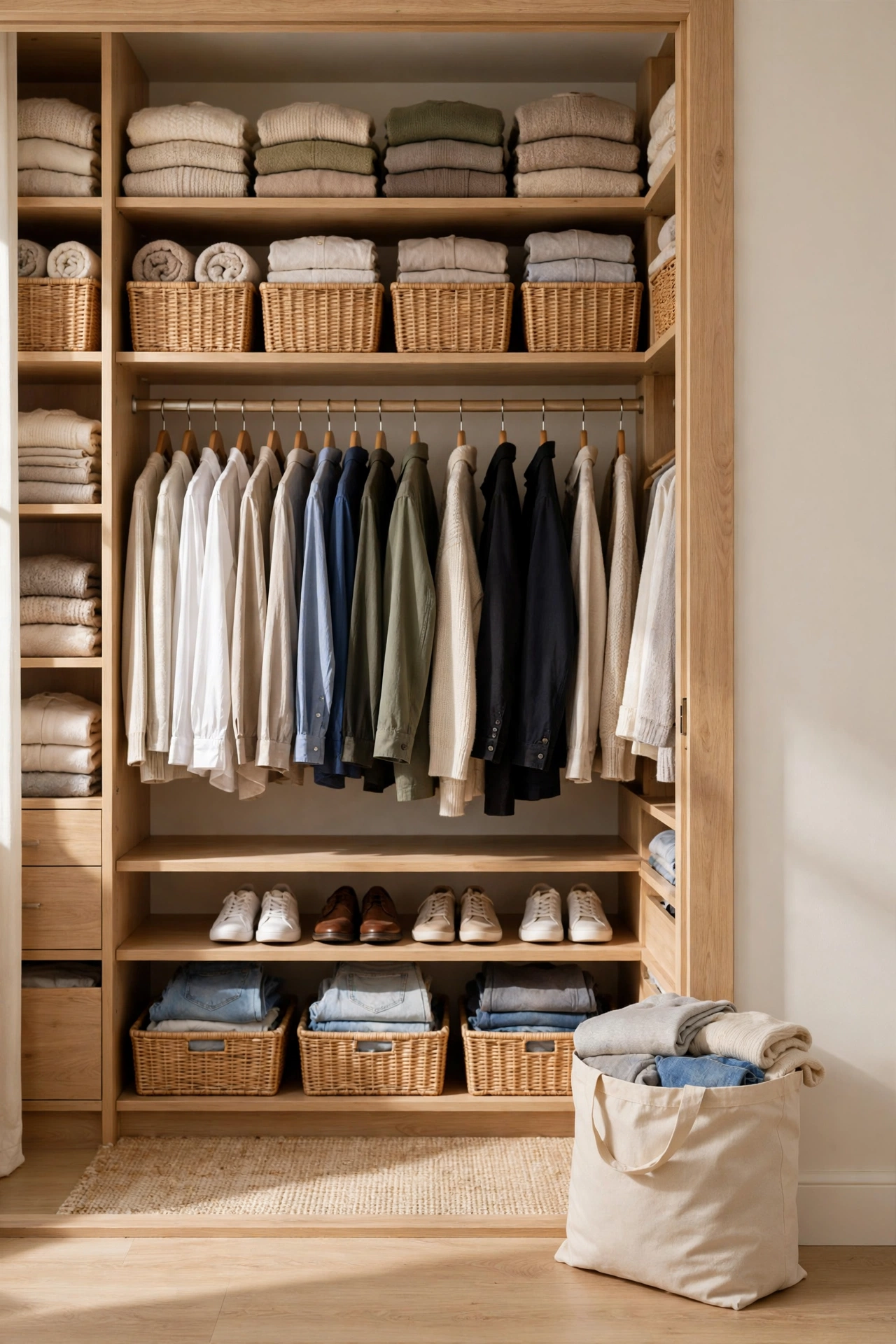 Tidy decluttered closet with a donation bag beside it