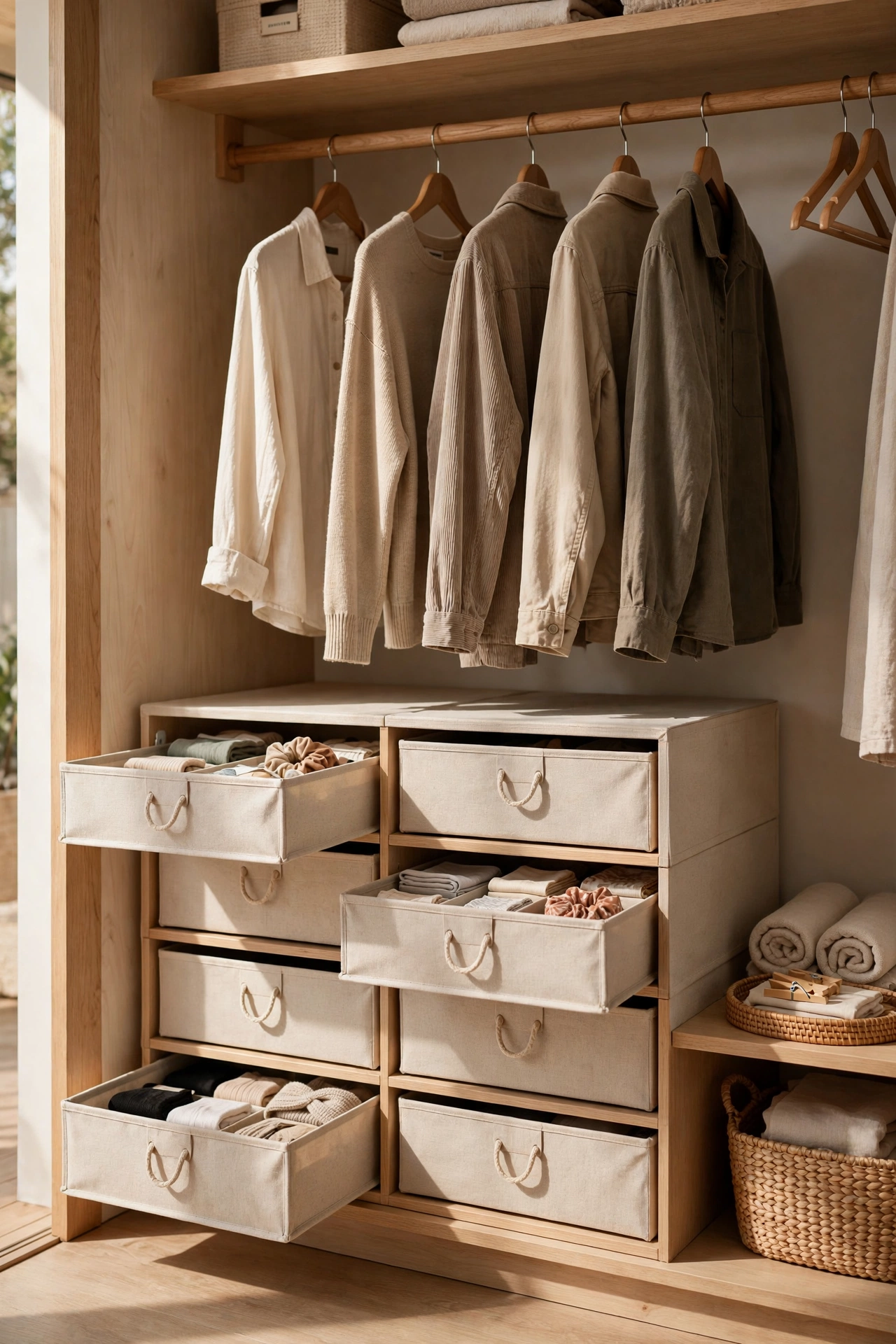 Stackable fabric drawers under hanging clothes in a closet