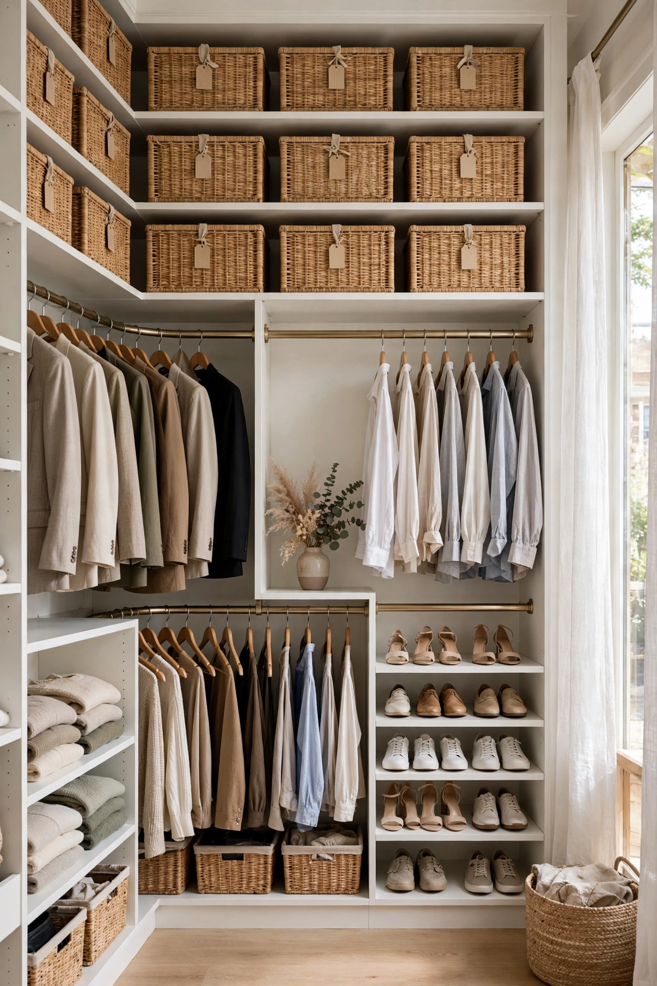 Beautifully organised walk-in closet with double hanging rods and labelled boxes