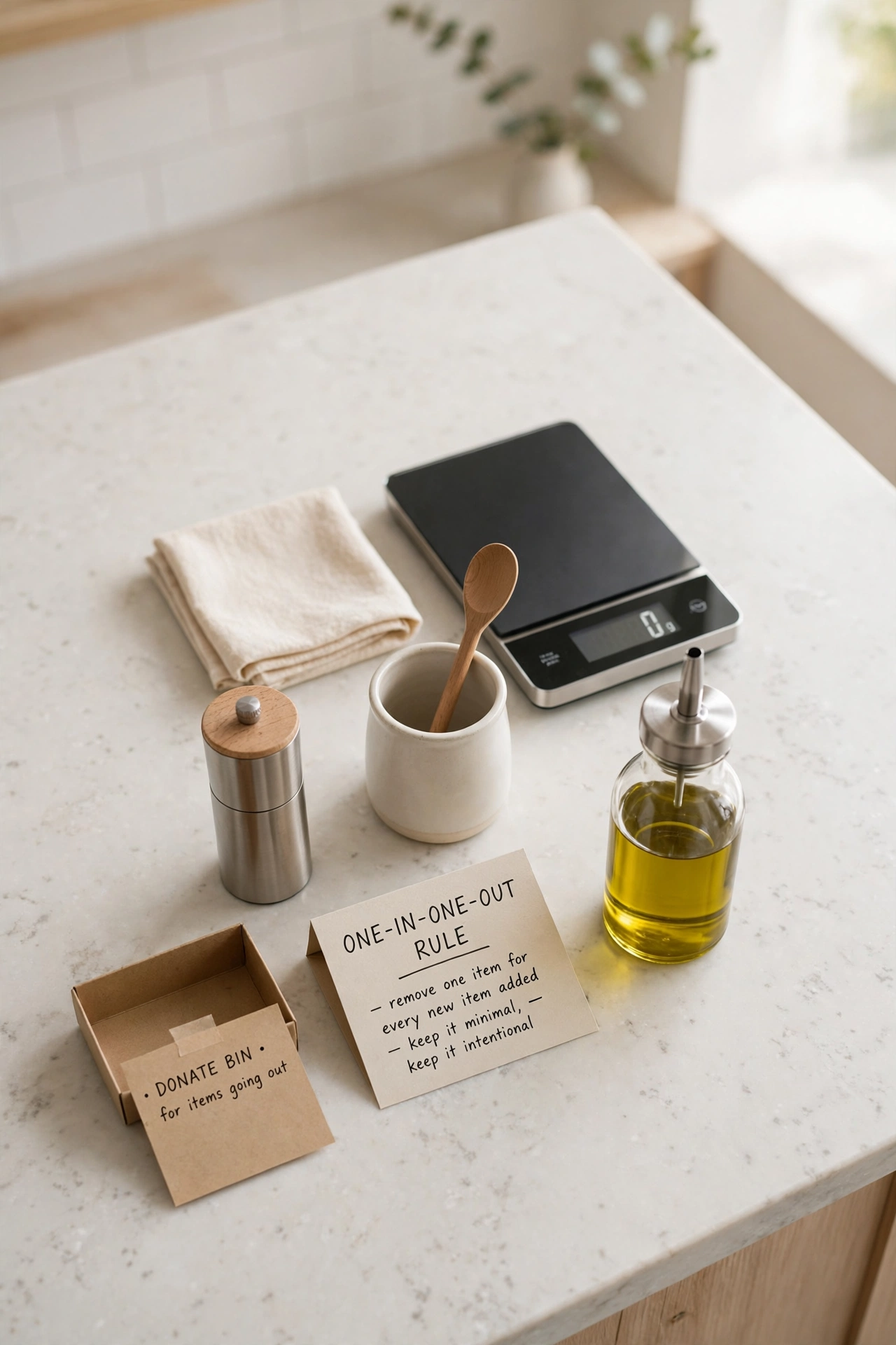 Curated minimal kitchen gadgets on a clear counter