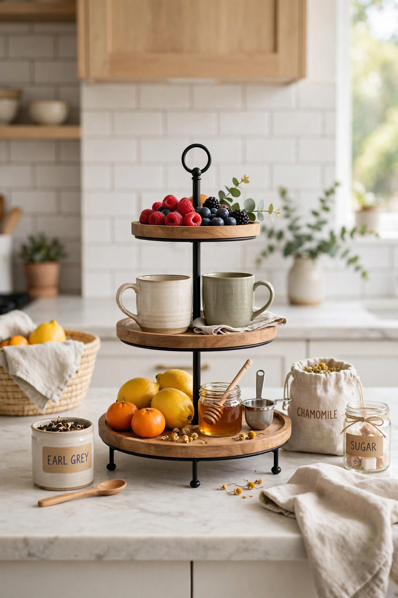 Kitchen counter with a three-tier stand holding fruit and mugs