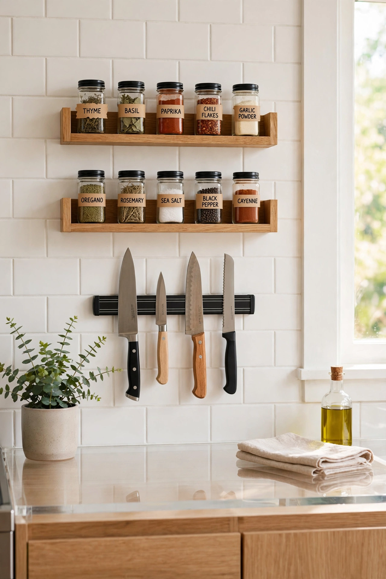 Kitchen wall with magnetic knife strip and spice racks