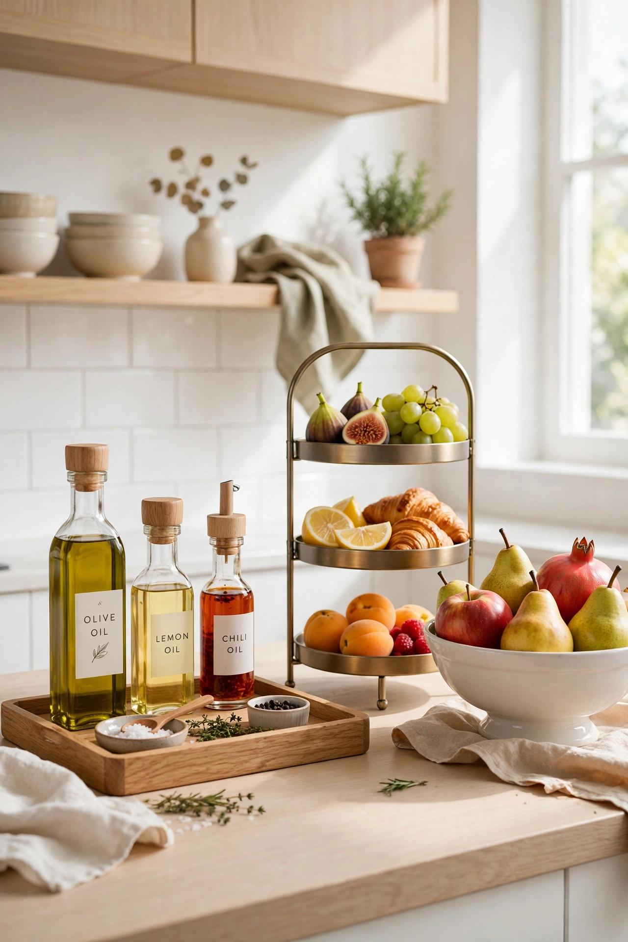 Beautifully organised kitchen counter with clear workspace, tray and tiered stand