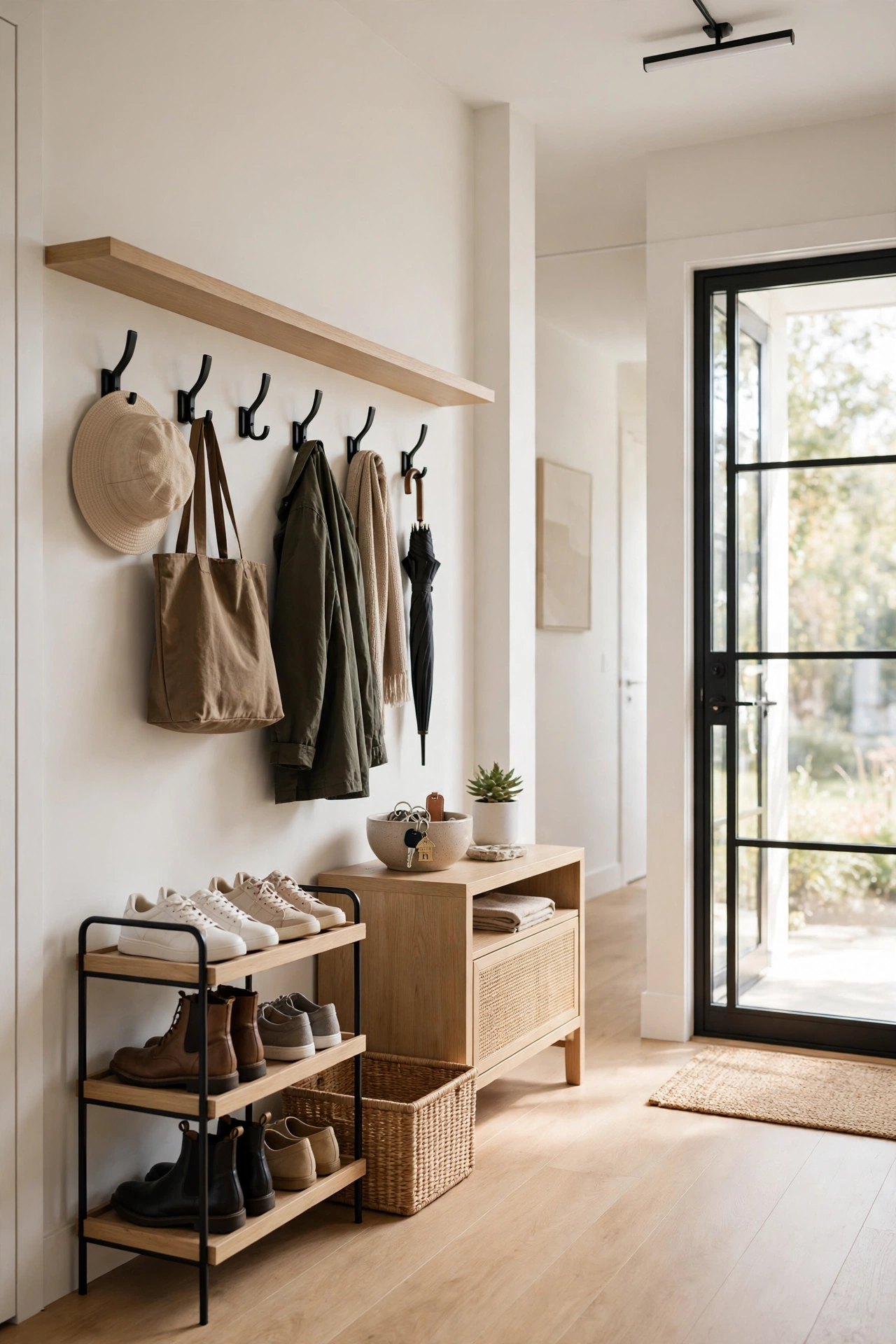 Tidy hallway entryway with keys bowl, hooks and shoe rack