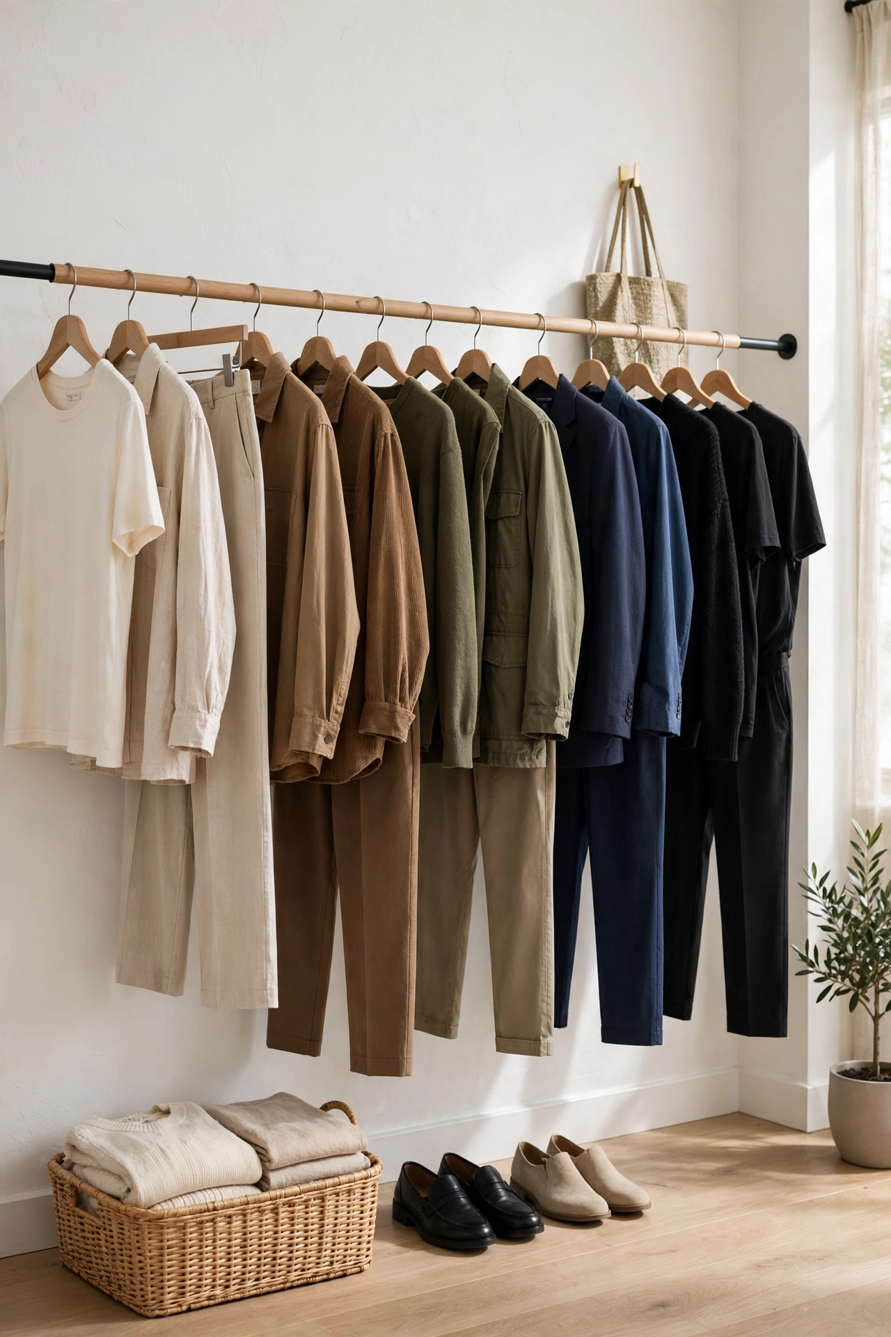 Capsule wardrobe with coordinated clothes by colour