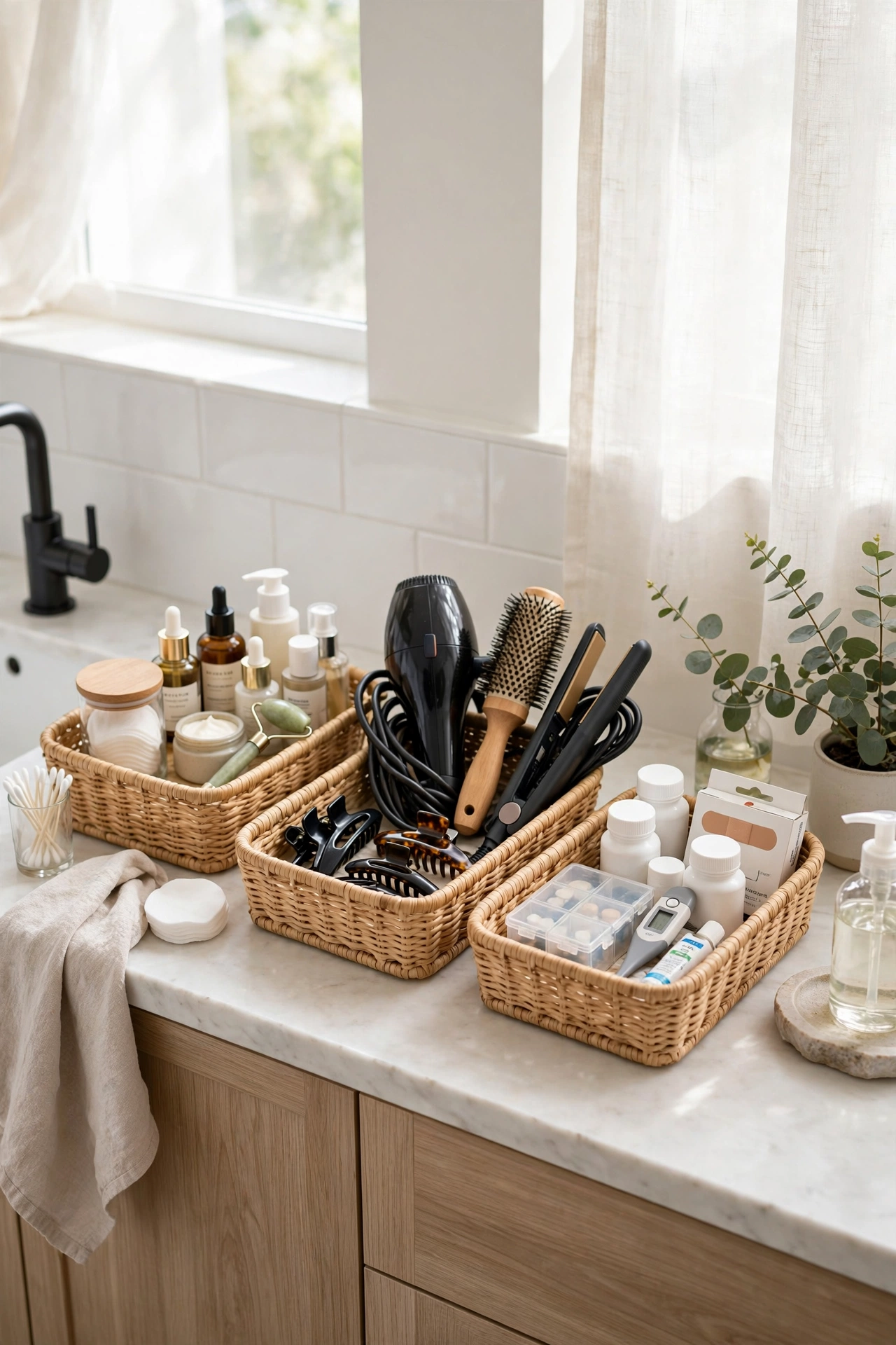 Organised bathroom counter with zoned baskets