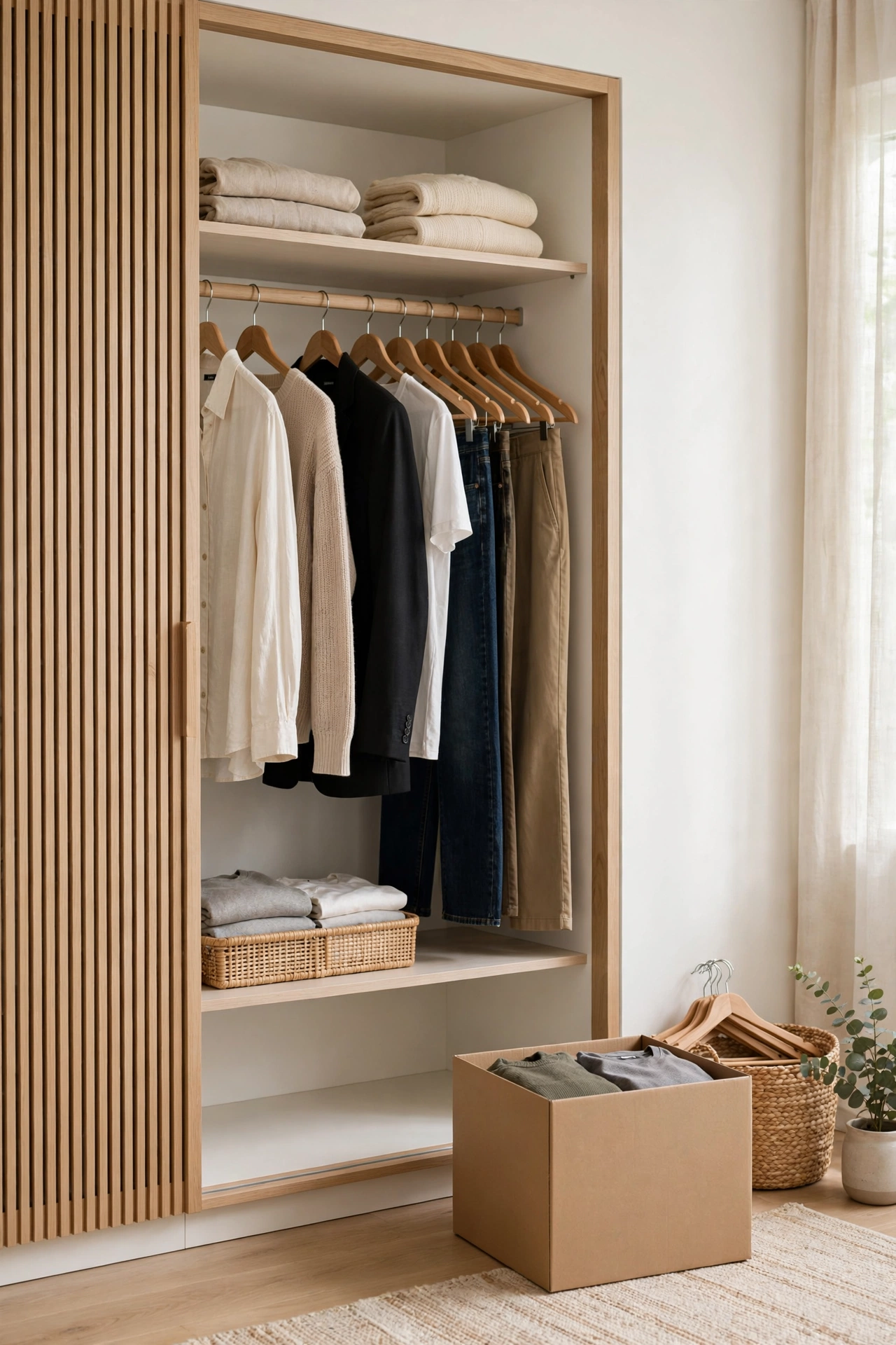 Minimalist capsule wardrobe with a donation box beside it