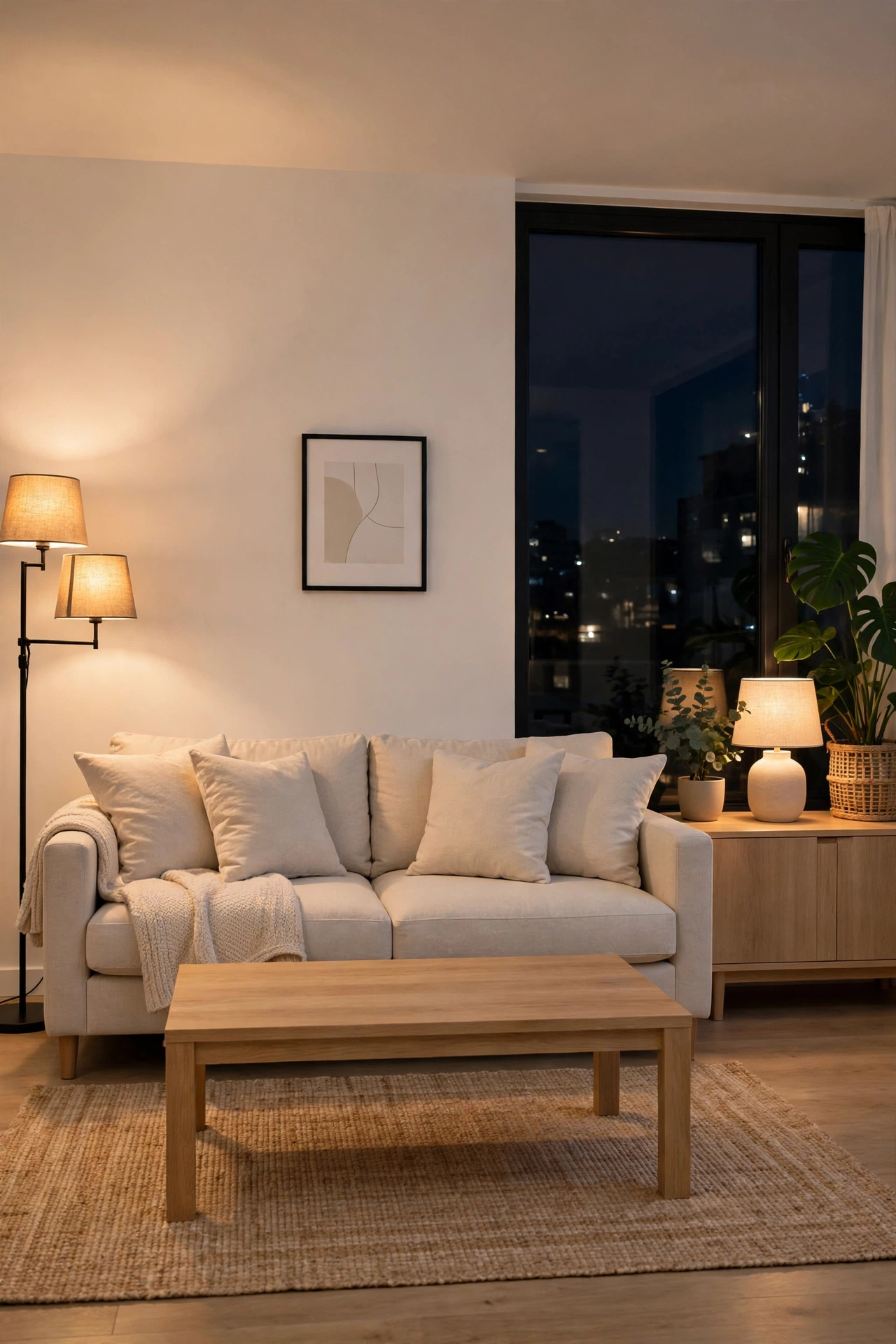 Tidy living room at night after a 10-minute reset