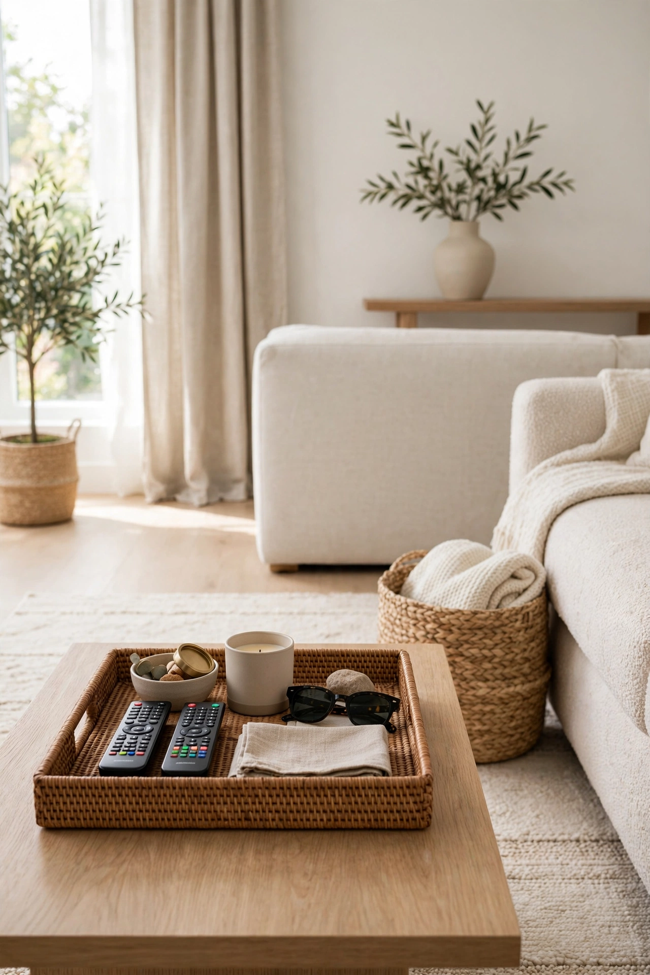 Coffee table with a tray grouping remotes and small items