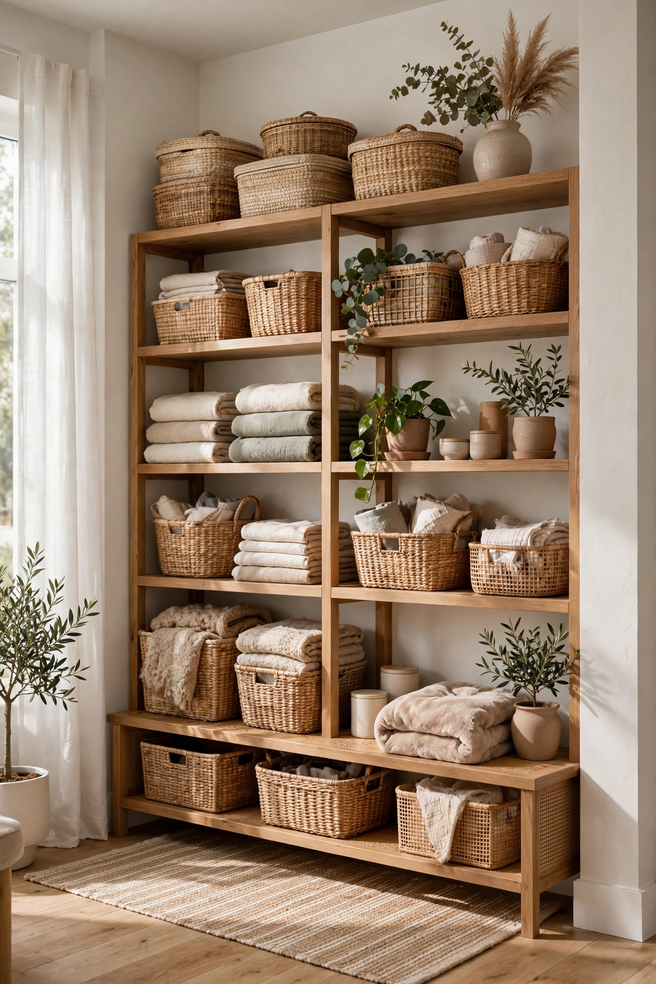 Beautifully organised bright modern home interior with tidy shelves and baskets