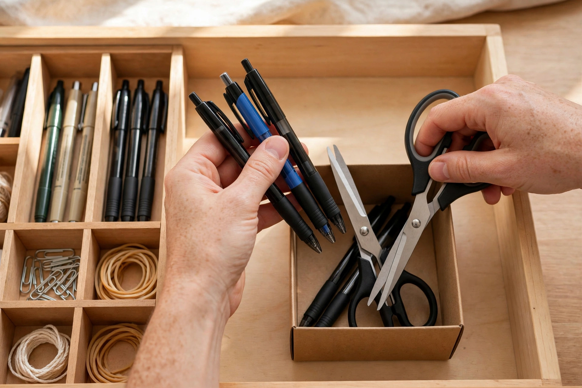 Duplicate pens and scissors being decluttered from a junk drawer